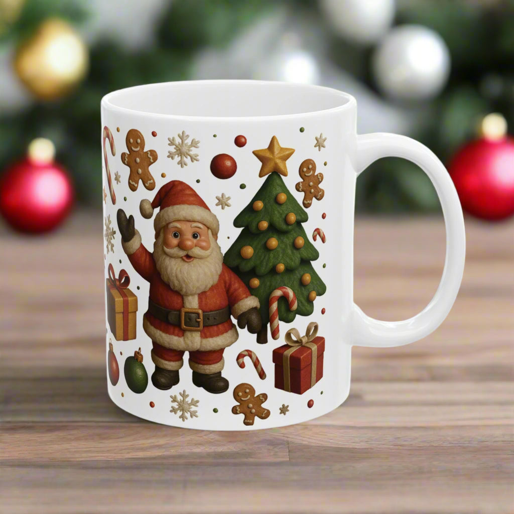 Santa & Tree Christmas Mug 11oz & 15oz Holiday Cup with Gingerbread, Candy Canes, Gifts – Perfect for Cocoa, Coffee, or Winter Mornings