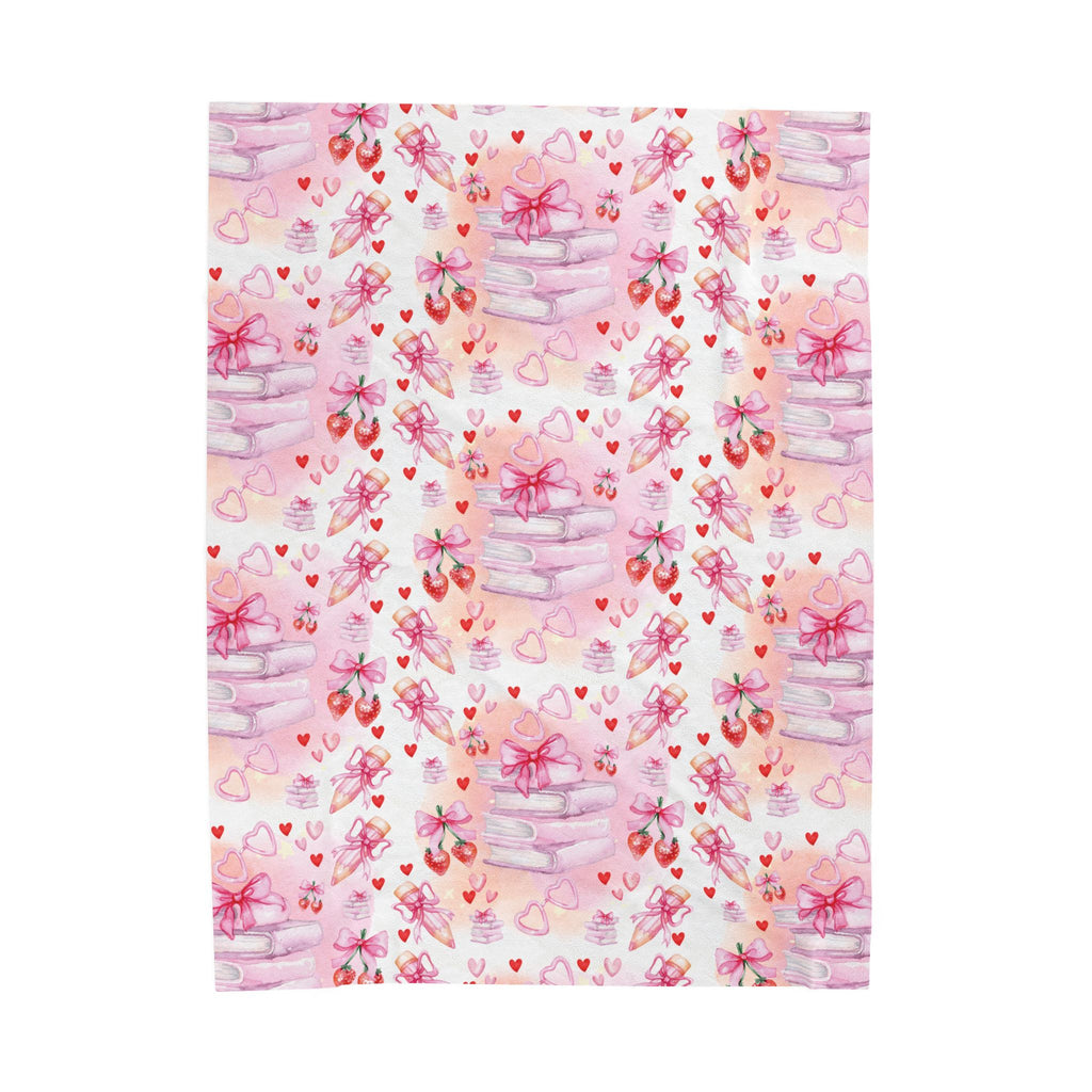 Romantic Pink Watercolor Books Bows Velveteen Plush Blanket Cozy Book Nook