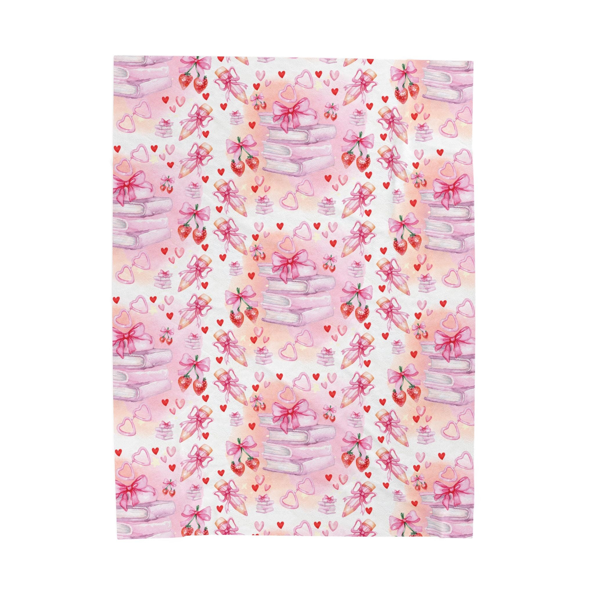 Romantic Pink Watercolor Books Bows Velveteen Plush Blanket Cozy Book Nook