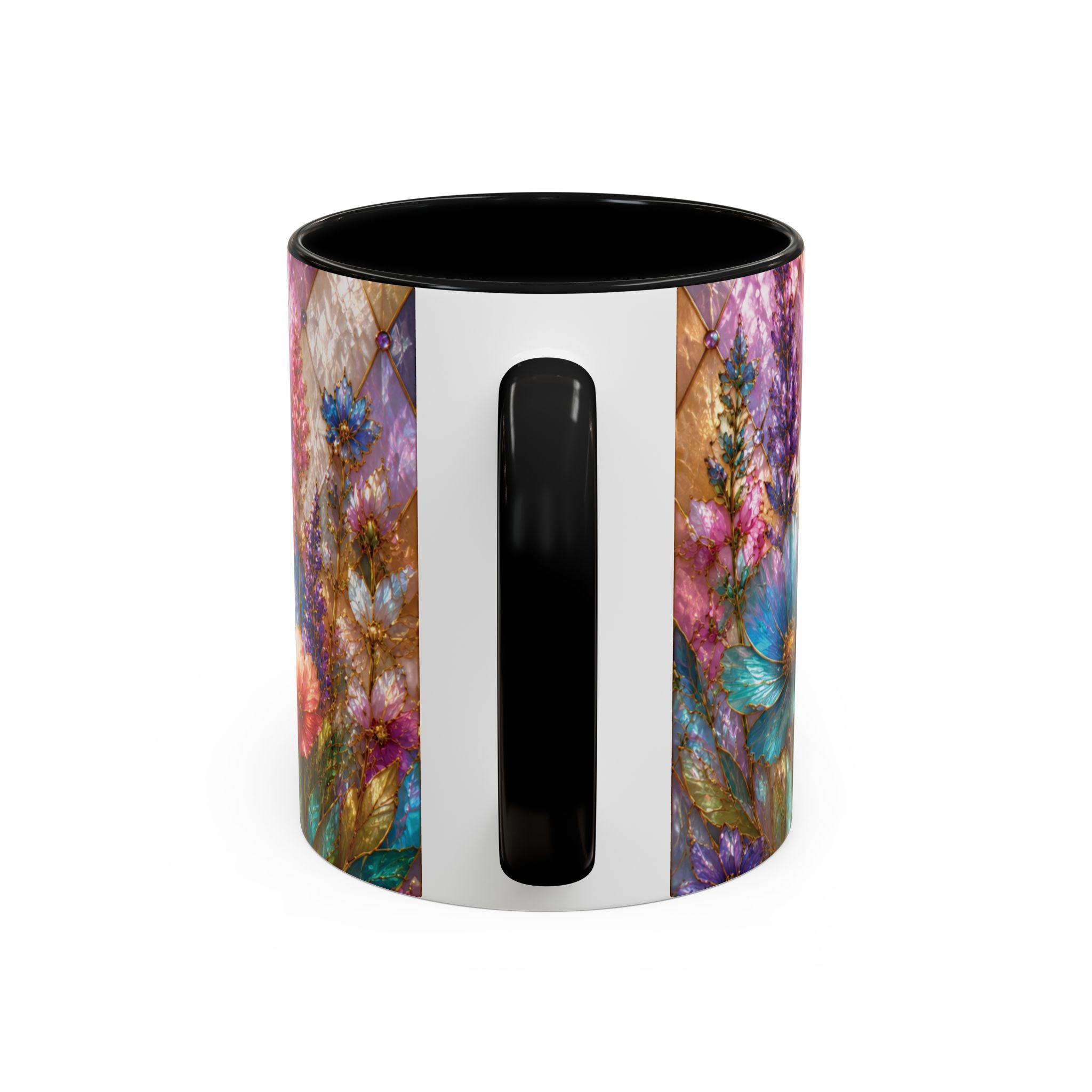 Floral Mosaic Accent Coffee Mug — Colorful Garden Flowers 11/15oz Stain Glass Illusion