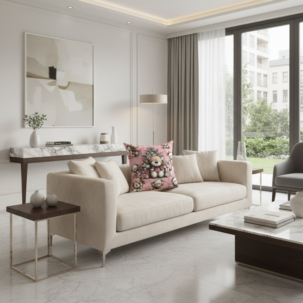 Decorative pillow with teddy bear and Christmas tree design on a pink background