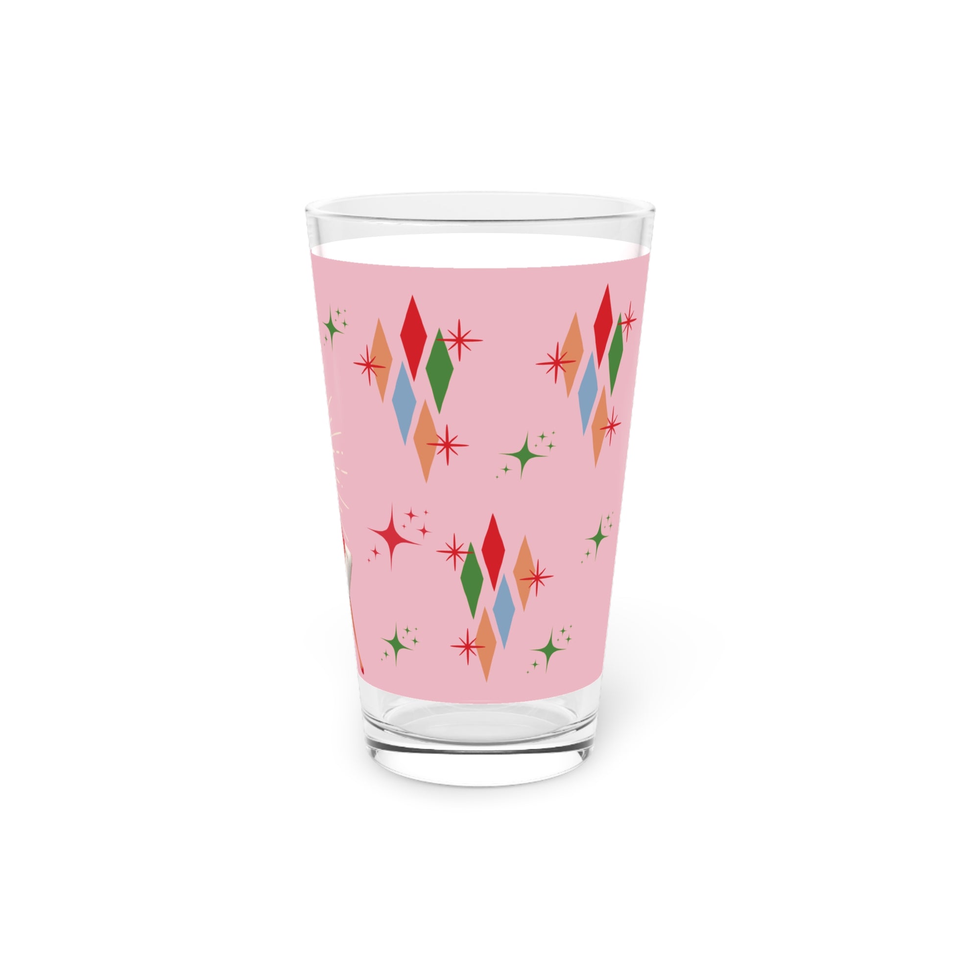 Pink Retro Vintage Franciscan Diamond Starburst Kitsch Christmas Art Pint Glass Housewarming, Wedding, Bridal Shower Glass, Mother's Day Party Drinkware, Housewarming Perfect Gift Party Drinkware, Cocktail, Wedding Perfect for Parties - MRSBYVALLE