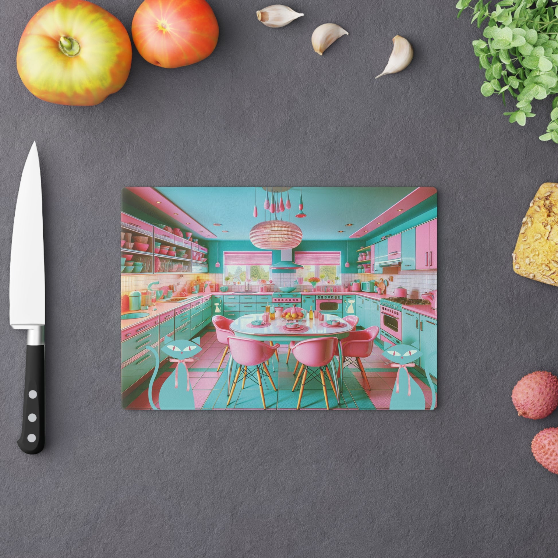 Cutting Board - Atomic Kitty Cat Mid Century Modern Aqua Pink MCM Design - MRSBYVALLE