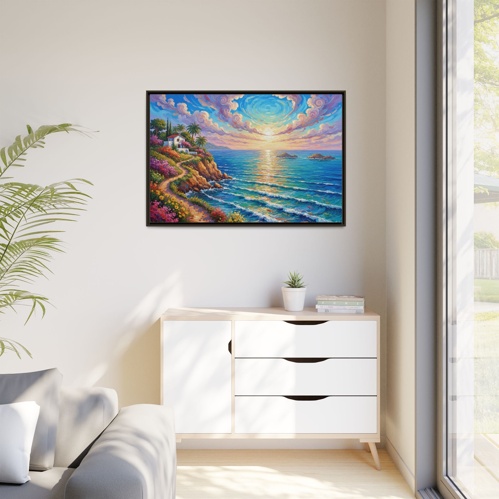Toile imprimée florale océanique | Décoration murale colorée et lumineuse de paysage marin, œuvre d'art de bureau encadrée et mate