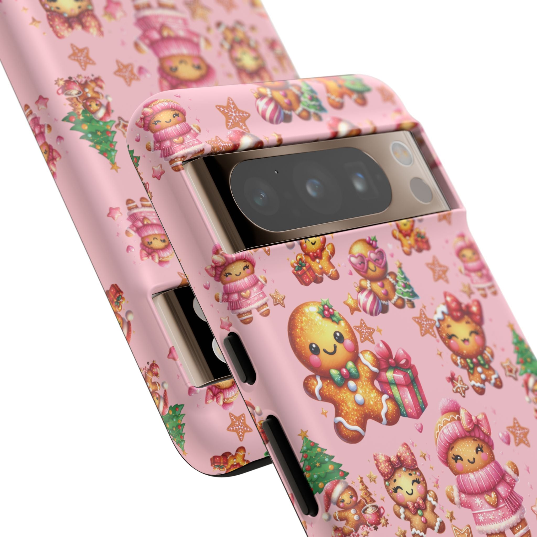 Coque de téléphone en forme de petite fille pain d'épices rose adorable, ambiance girly pour les fêtes, esthétique douce de Noël, idée cadeau mignonne et festive pour elle, housse de protection amusante