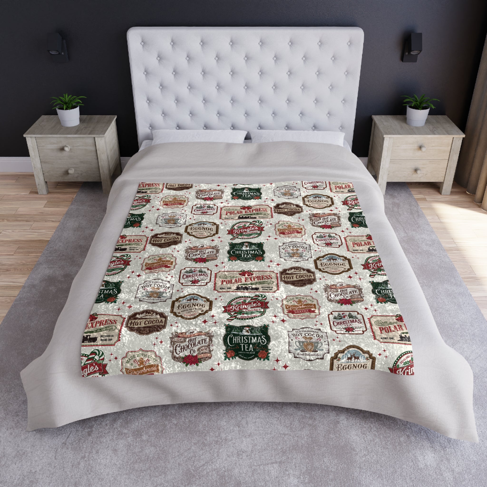 Couverture en velours écrasé « Timbres de Noël vintage » 50x60 pouces, jeté doux en peluche, décor douillet pour les fêtes, parfait pour se prélasser et pour la chaleur hivernale, d'inspiration rétro et festive, parfait pour les canapés
