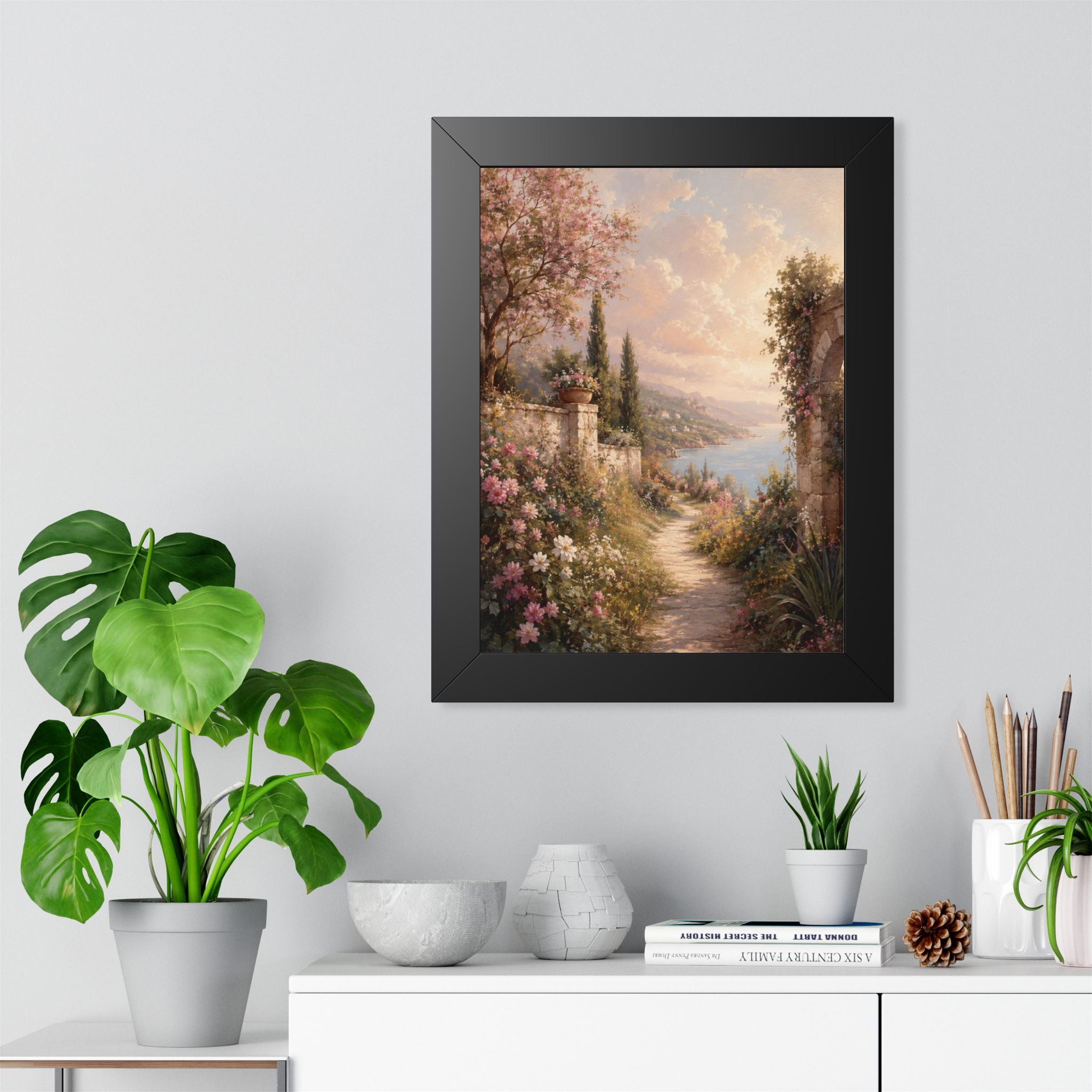 Mediterranean Garden Path Framed Vertical Poster | Coastal Landscape Wall Art