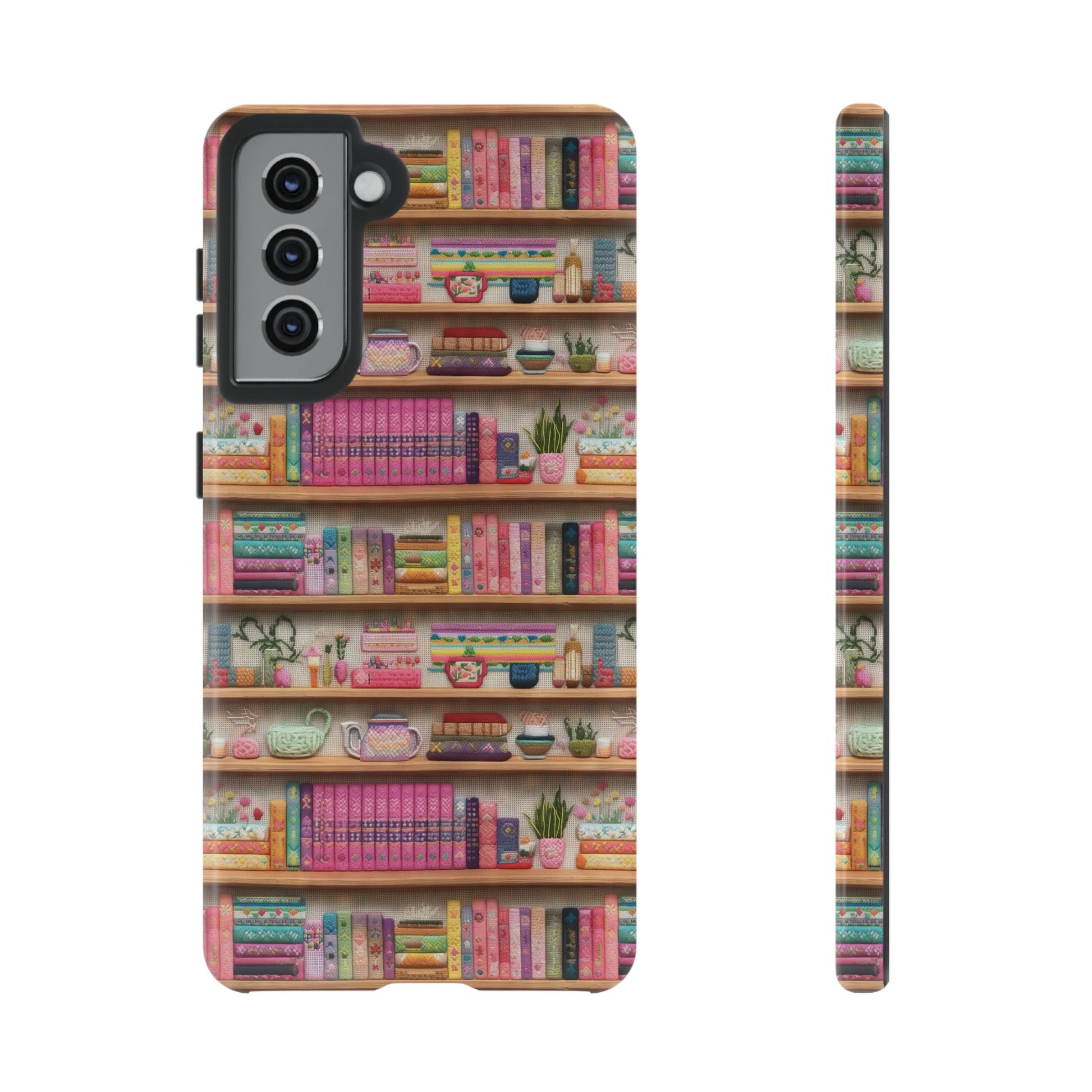 Whimsical 3D Embroidery Illusion Books on Pastel Shelves Phone Case for iPhone, Samsung & Pixel: Unique Accessory for Literary Enthusiasts Gift for Her Perfect for Floral Lover