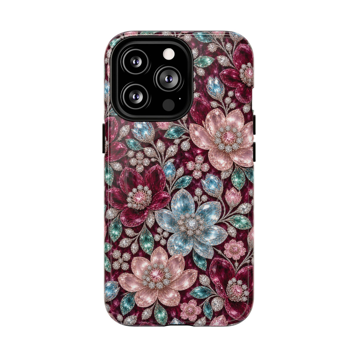 Floral faux Jewel Phone Case Sparkling Burgundy Flower Tough Magnetic Case 18 iPhone