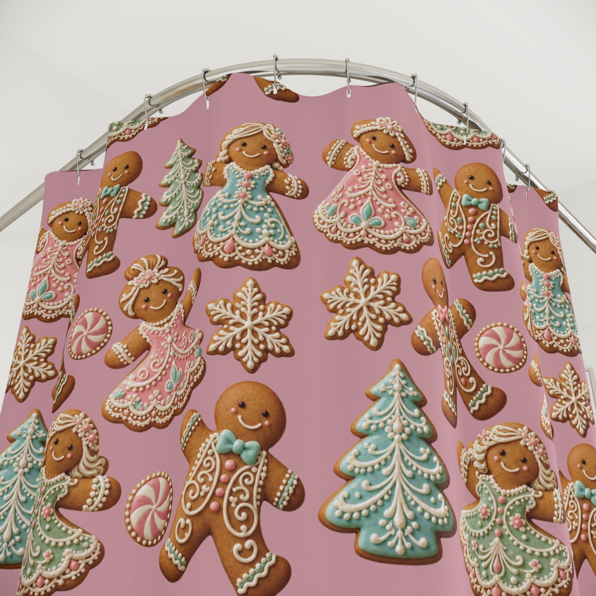 Gingerbread Holiday Shower Curtain — Pink Cookie Pattern with Trees, Angels & Snowflakes