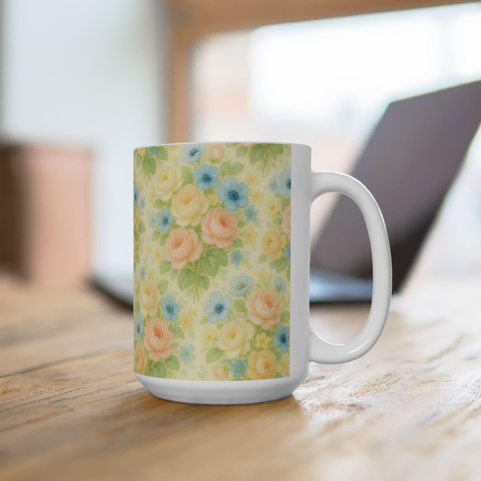 Vintage Pastel Yellow Floral Coffee Mug – 11 & 15oz Ceramic Mug, Romantic Gift for Her, Cottagecore Aesthetic, Cozy Hot Chocolate or Tea Mug for Home Decor
