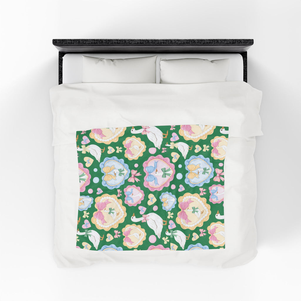 Couverture polaire en velours vert "Silly Goose" — Plaid douillet à nœuds et cœurs pastel