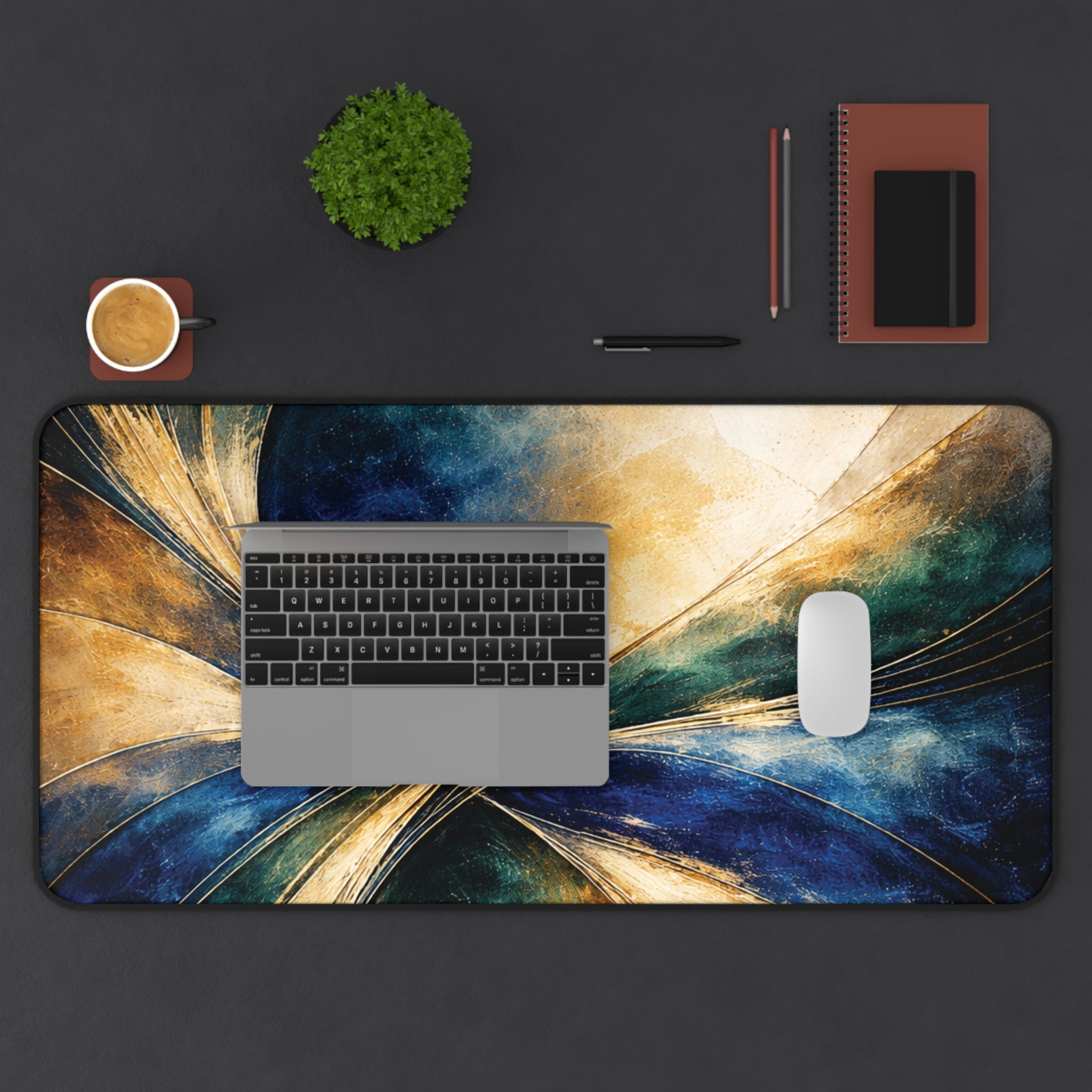 Gilded Convergence Blue & Gold NeoDeco Desk Mat — Luxury Office Desk Mat