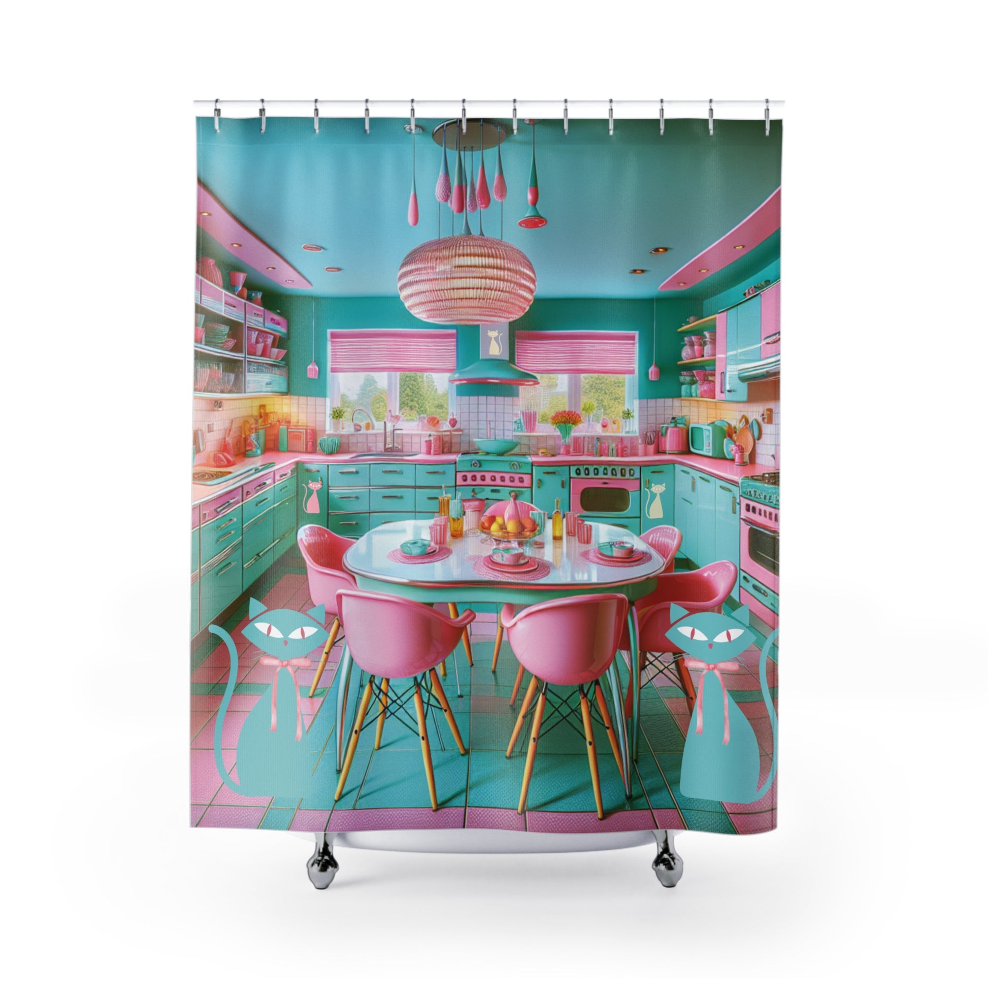 Atomic Kitty Cat Shower Curtains, Mid Century Modern 50's Aqua, Pink MCM Bathroom Decor, Retro Cat Lover Gift, Vintage Style Bath Curtain - MRSBYVALLE