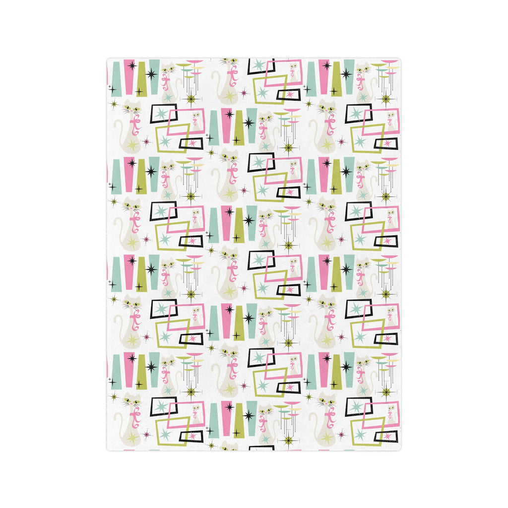 Pastel Atomic Kitty Cats Square Minky Blanket  Retro Mid-Century Modern Style for a Chic Throw in 60x50 & 80x60, Vintage Lightweight, Warm, Perfect for Home & Gift Giving Housewarming Gift Throw
