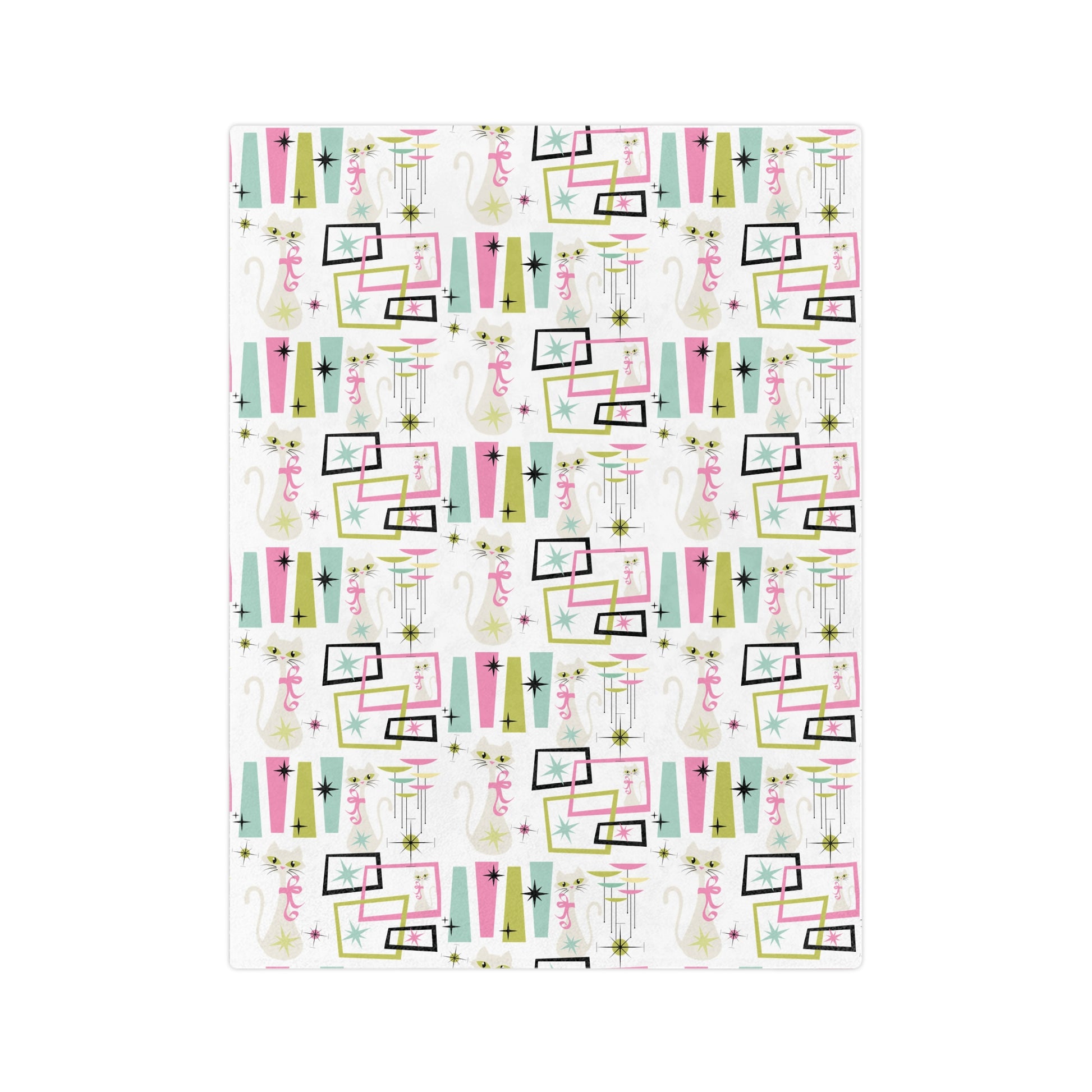 Pastel Atomic Kitty Cats Square Minky Blanket  Retro Mid-Century Modern Style for a Chic Throw in 60x50 & 80x60, Vintage Lightweight, Warm, Perfect for Home & Gift Giving Housewarming Gift Throw