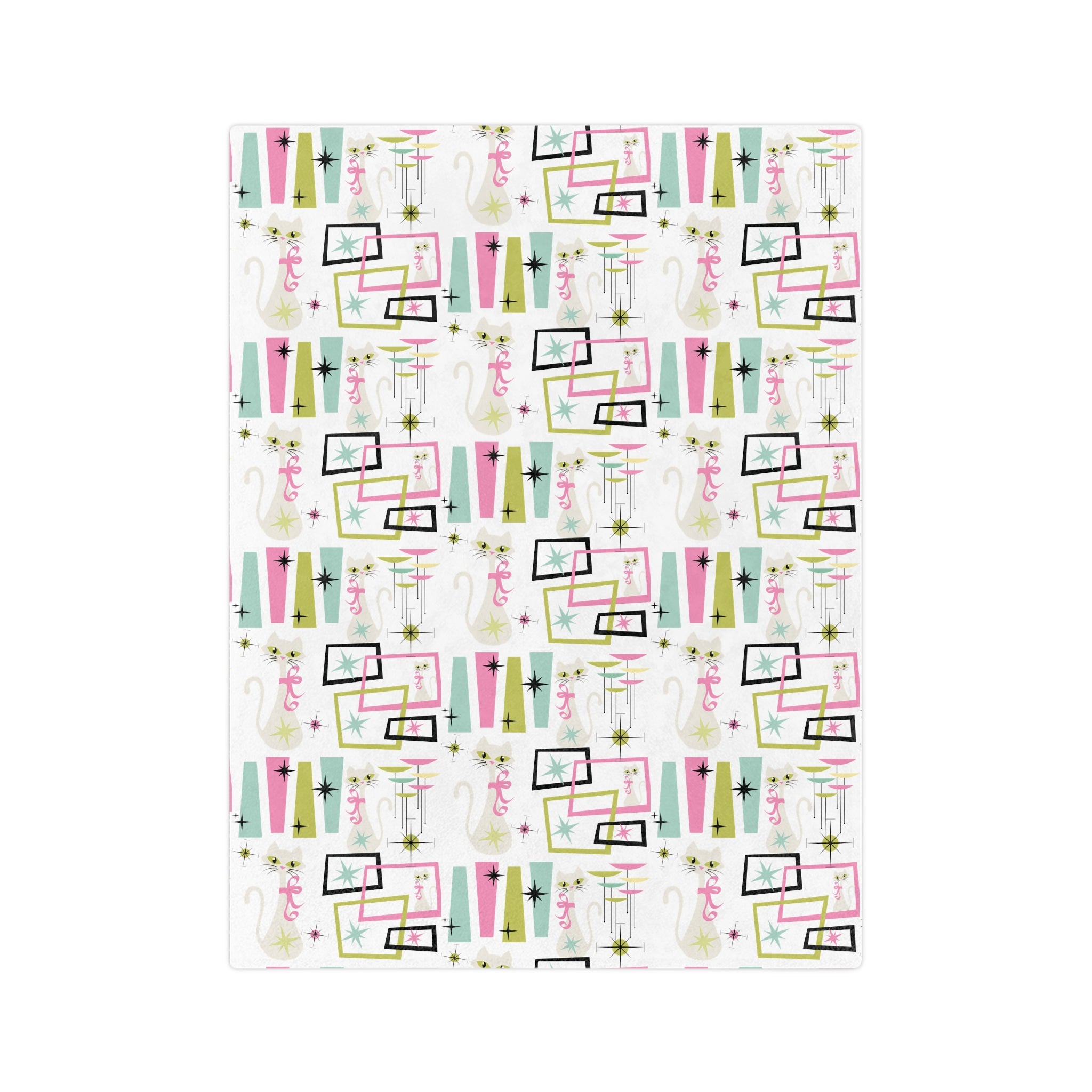 Pastel Atomic Kitty Cats Square Minky Blanket  Retro Mid-Century Modern Style for a Chic Throw in 60x50 & 80x60, Vintage Lightweight, Warm, Perfect for Home & Gift Giving Housewarming Gift Throw
