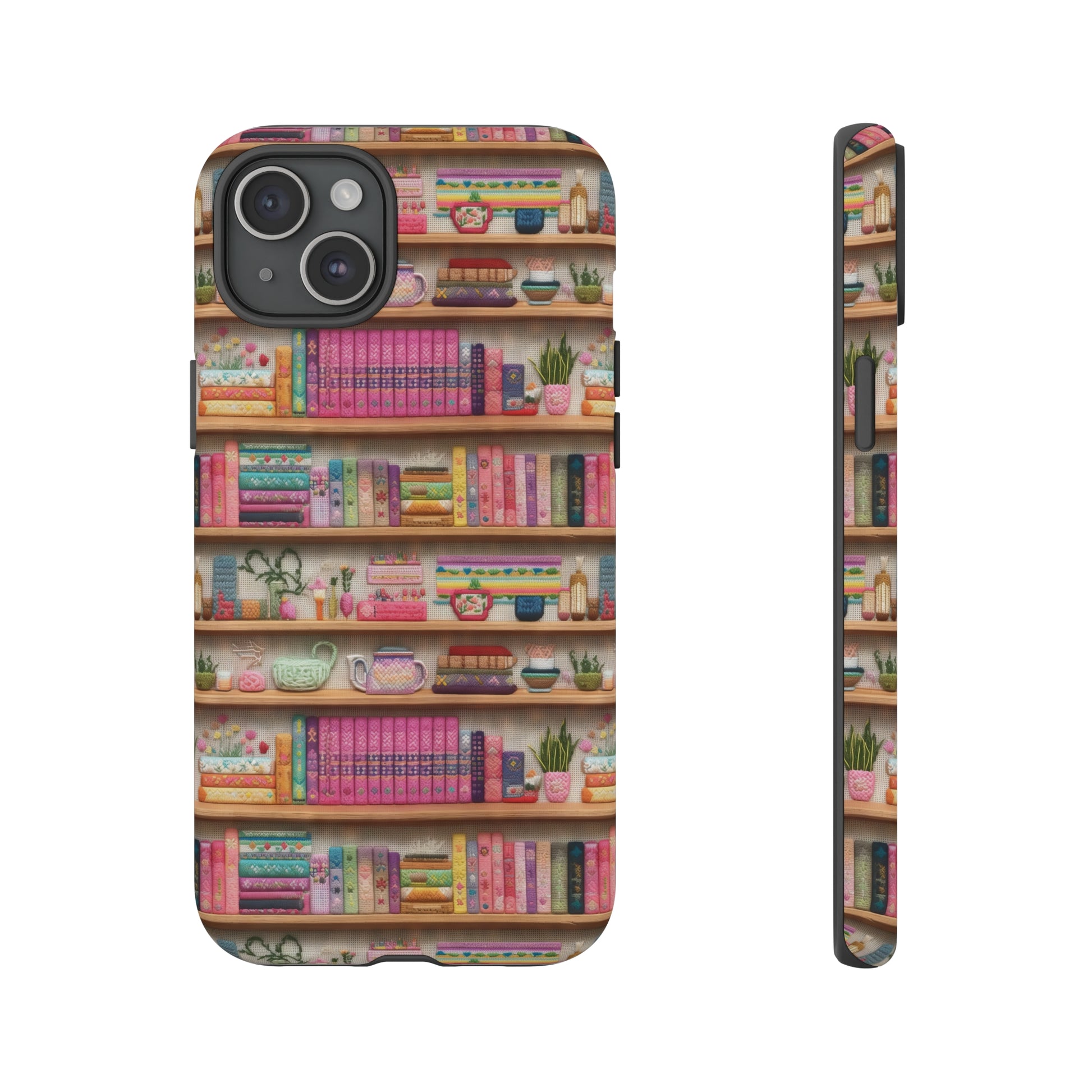 Phone Case 3D Illusion Books & Shelf Embroidery Design with Vibrant Colors Gift for Her Phone 15, Samsung iPhone Samsung Gift for Her Case iPhone 15, Samsung iPhone Samsung Accessory Gift for Her.