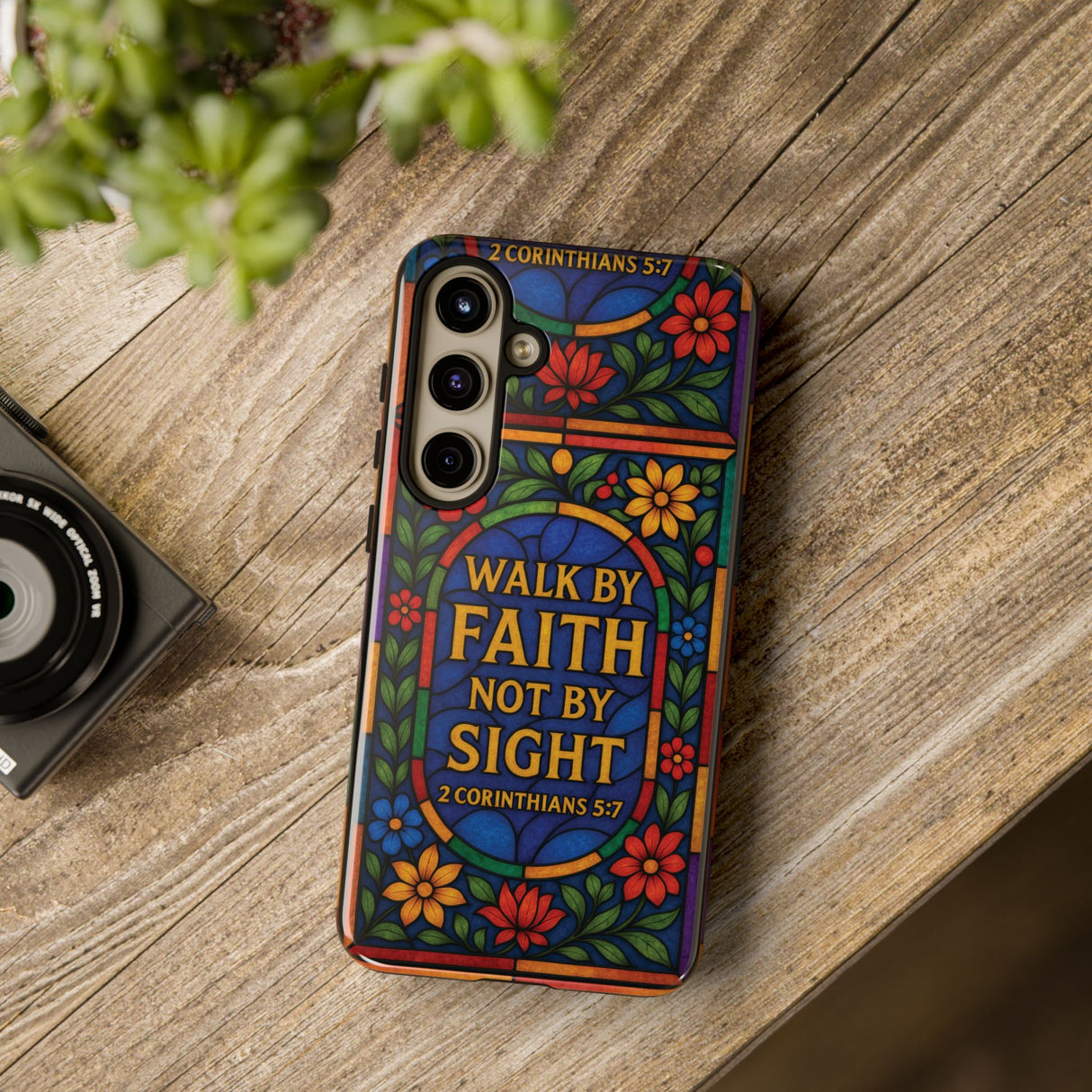 Walk by Faith Stain Glass Illusion Everywhere Christian Tough Phone Case with Bible Verse or Affirmation  Protective, Inspirational Gift for Christians