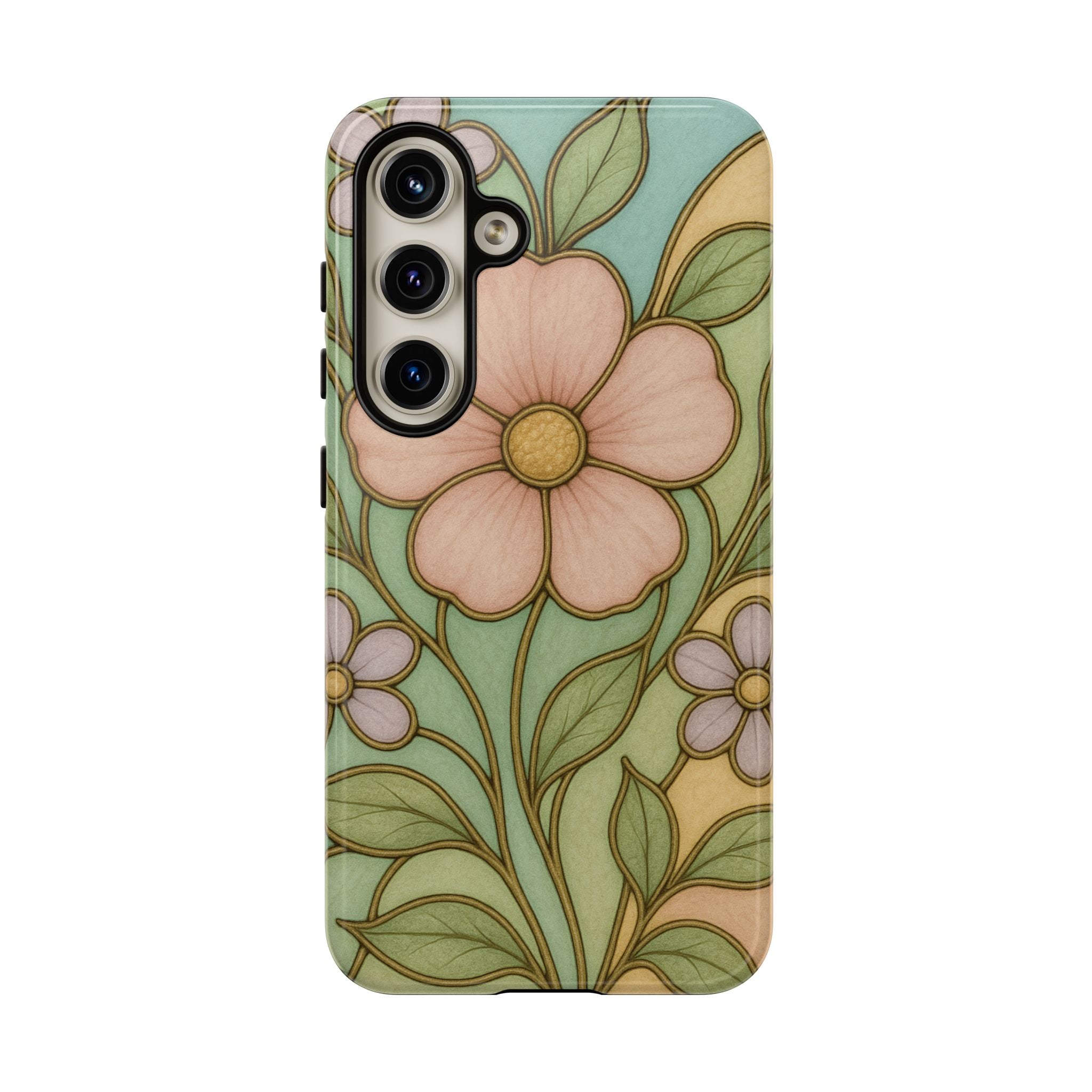 Pastel Pink, Yellow Stain Glass Illusion Floral Phone Case  Romantic Cottagecore Aesthetic, Soft Botanical Design, Protective Gift for Her, Fits iPhone & Samsung Models