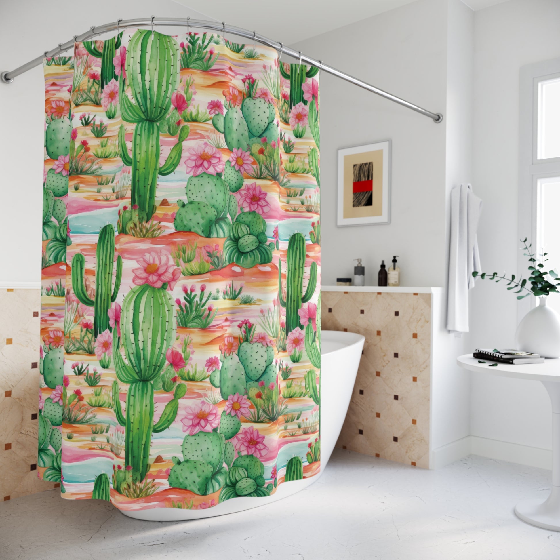 Pink and Mint Green Cactus Shower Curtain - Stylish Bathroom Décor with Cactus Flowers | Vibrant & Durable Design for a Fresh, Nature-Inspired Look - MRSBYVALLE