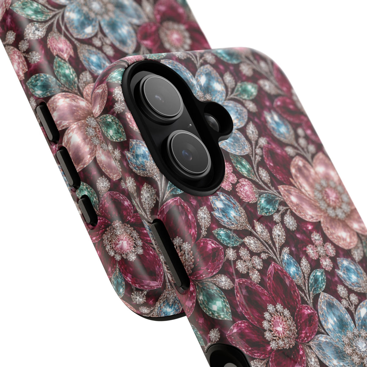 Floral faux Jewel Phone Case Sparkling Burgundy Flower Tough Magnetic Case 18 iPhone