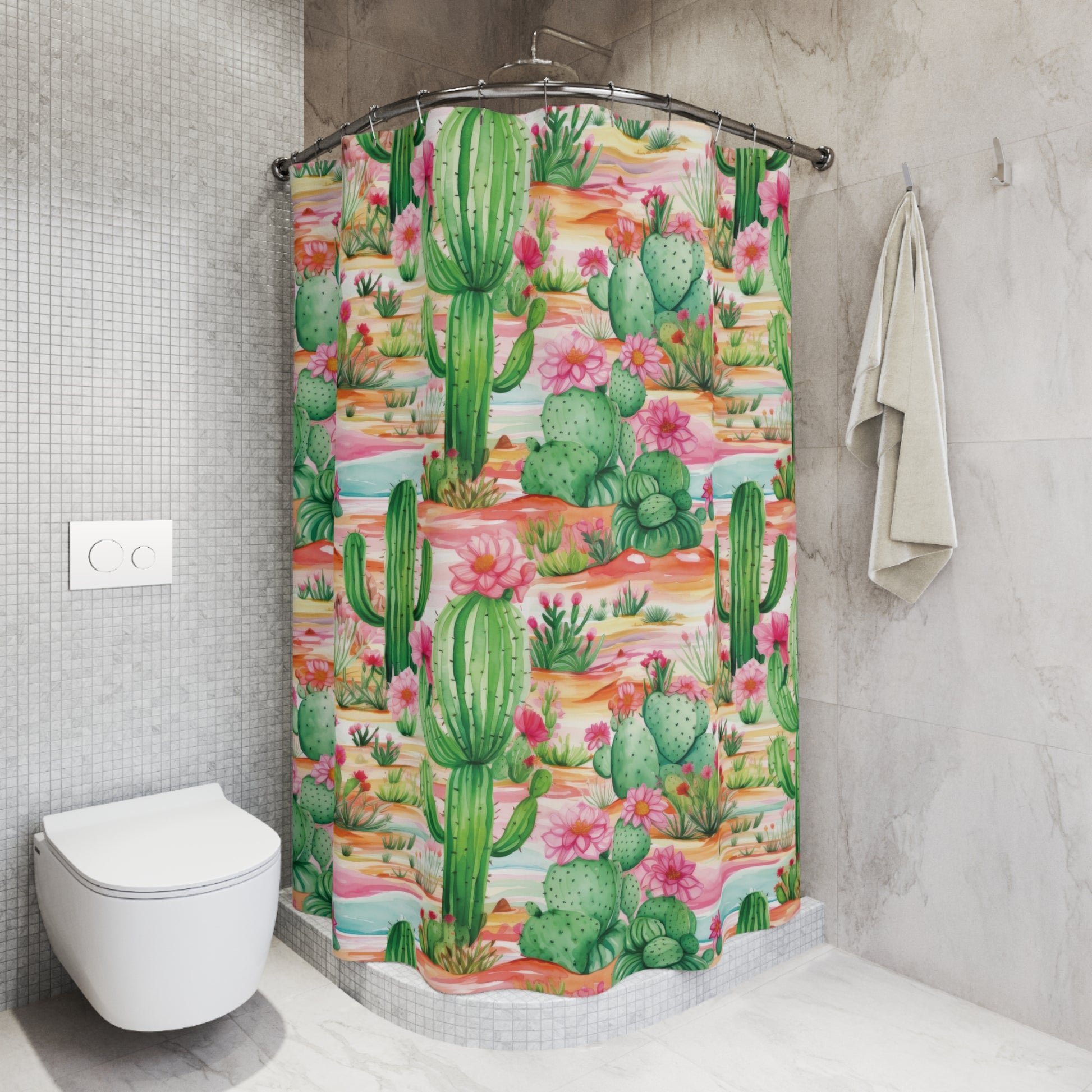 Pink and Mint Green Cactus Shower Curtain - Stylish Bathroom Décor with Cactus Flowers | Vibrant & Durable Design for a Fresh, Nature-Inspired Look - MRSBYVALLE