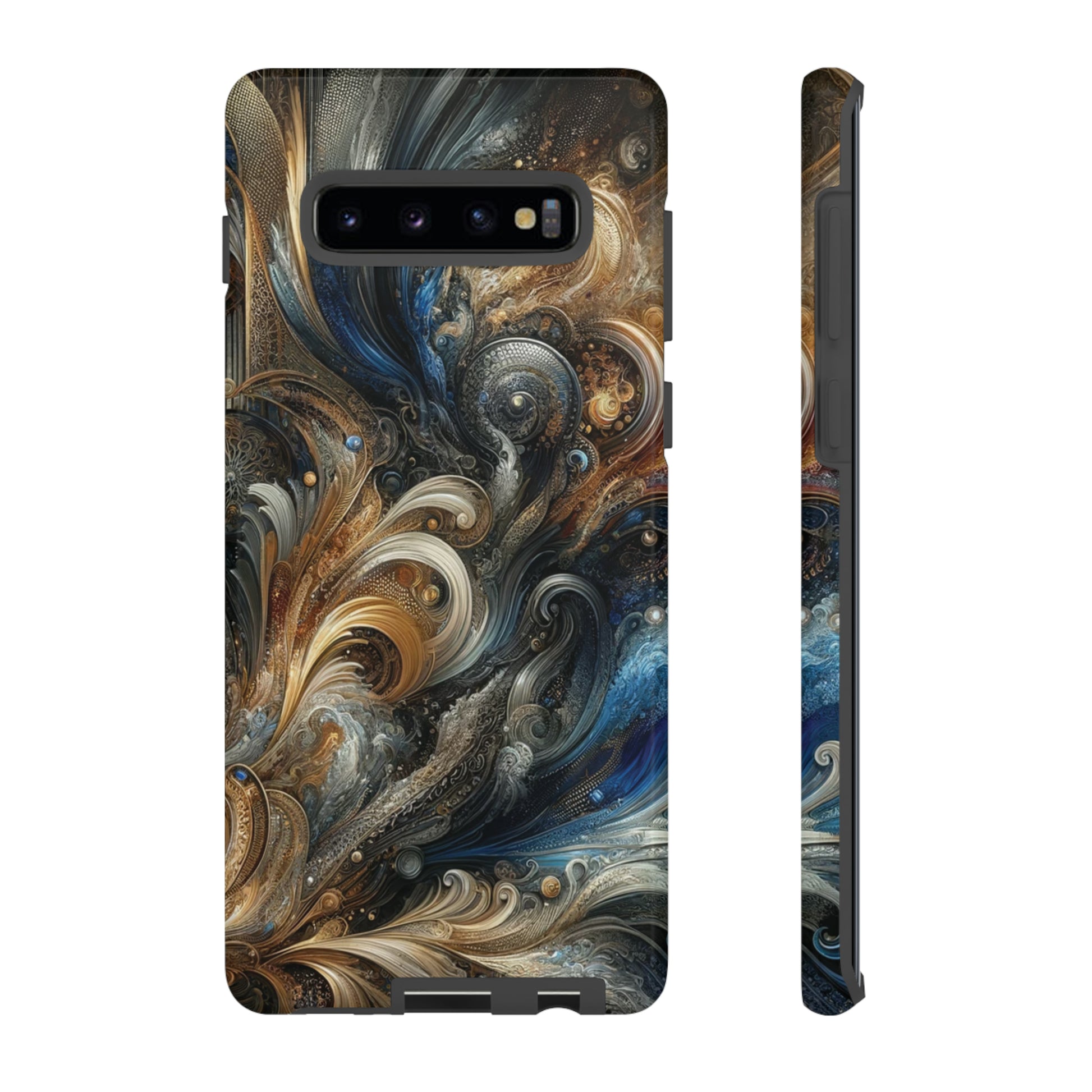 Gold and Navy Art Design Luxury Phone Tough Case Floral Elegant Durable Stylish for Modern Devices iPhone 15, Samsung iPhone Samsung Accessory Gift for Her.