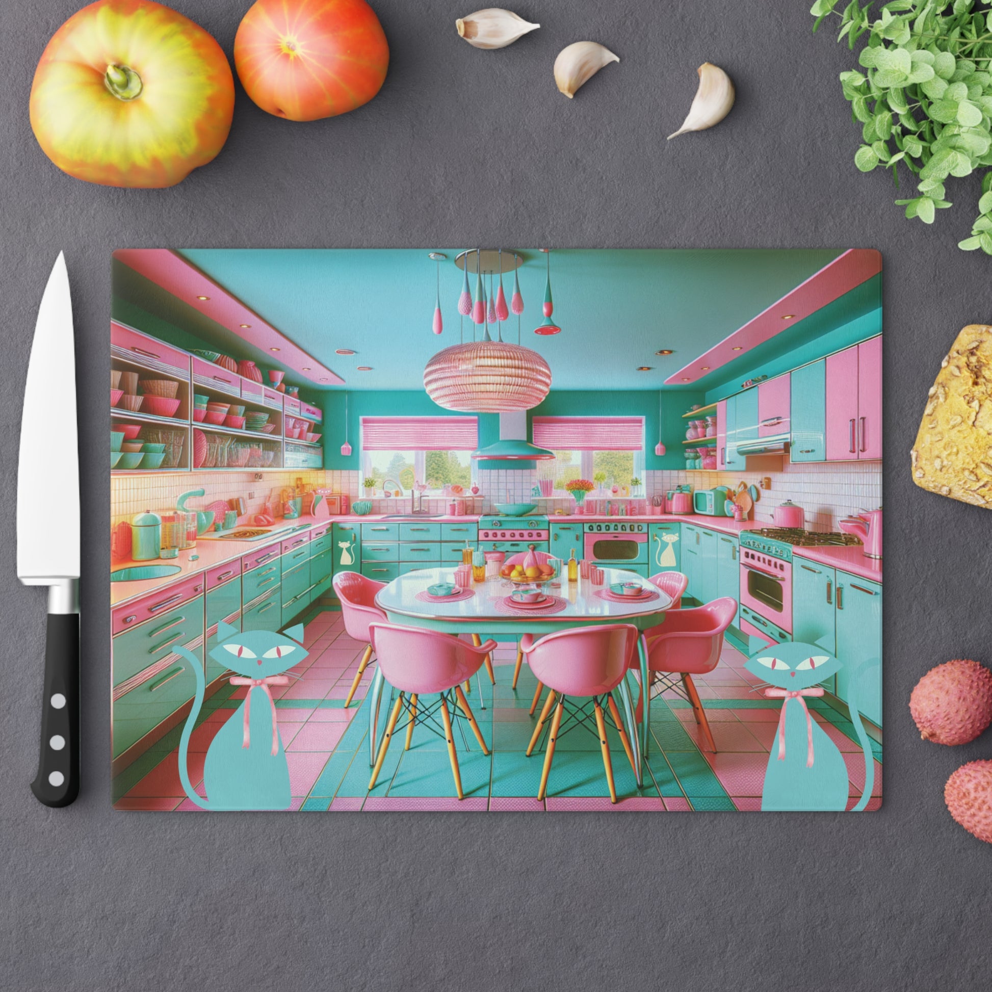 Cutting Board - Atomic Kitty Cat Mid Century Modern Aqua Pink MCM Design - MRSBYVALLE