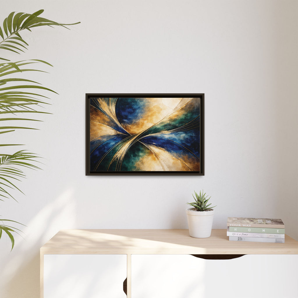 Gilded Convergence  Luxe NeoDeco Blue & Gold Abstract Wall Art Framed