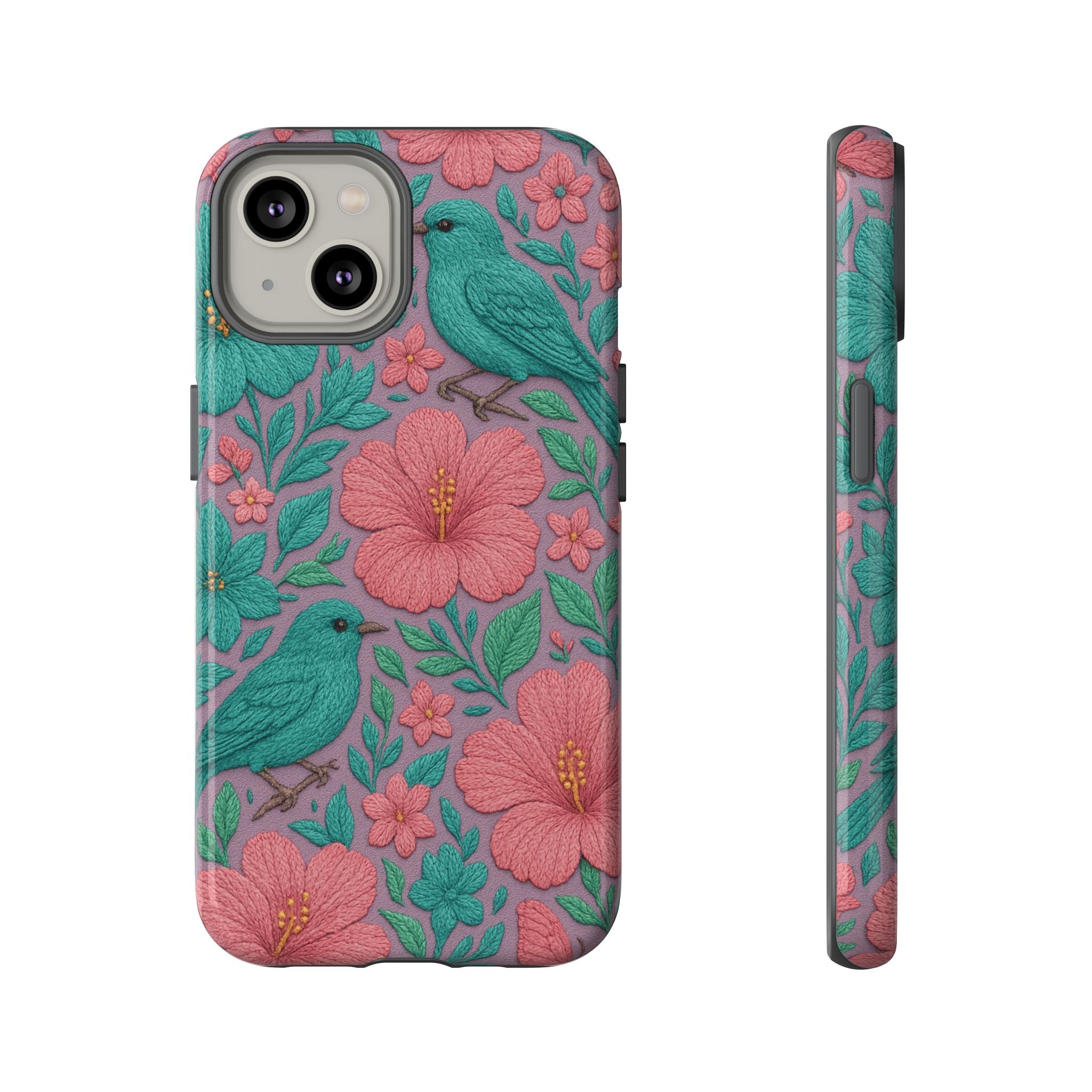 Turquoise, Pink and Lavender 3D Embroidery Illusion Phone Case Tropical Flowers, Birds & Butterflies Cover with Bold, Realistic Floral Texture iPhone, Samsung