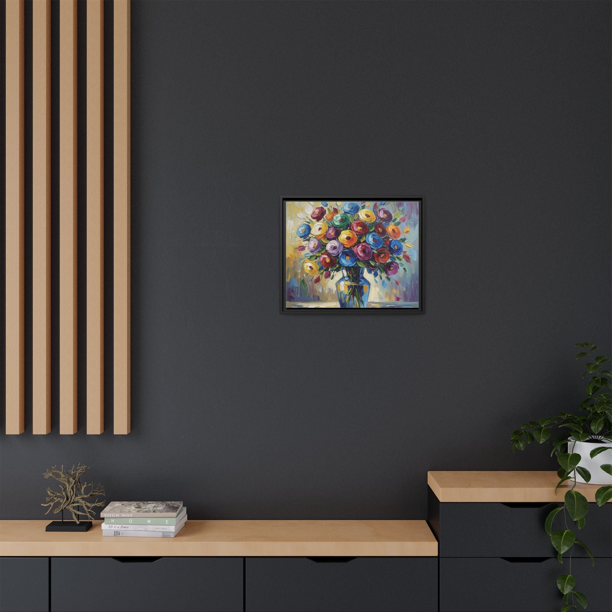 Impression sur toile bouquet floral aquarelle - Tableau mural encadré mat - Illusion de peinture à l'huile vibrante
