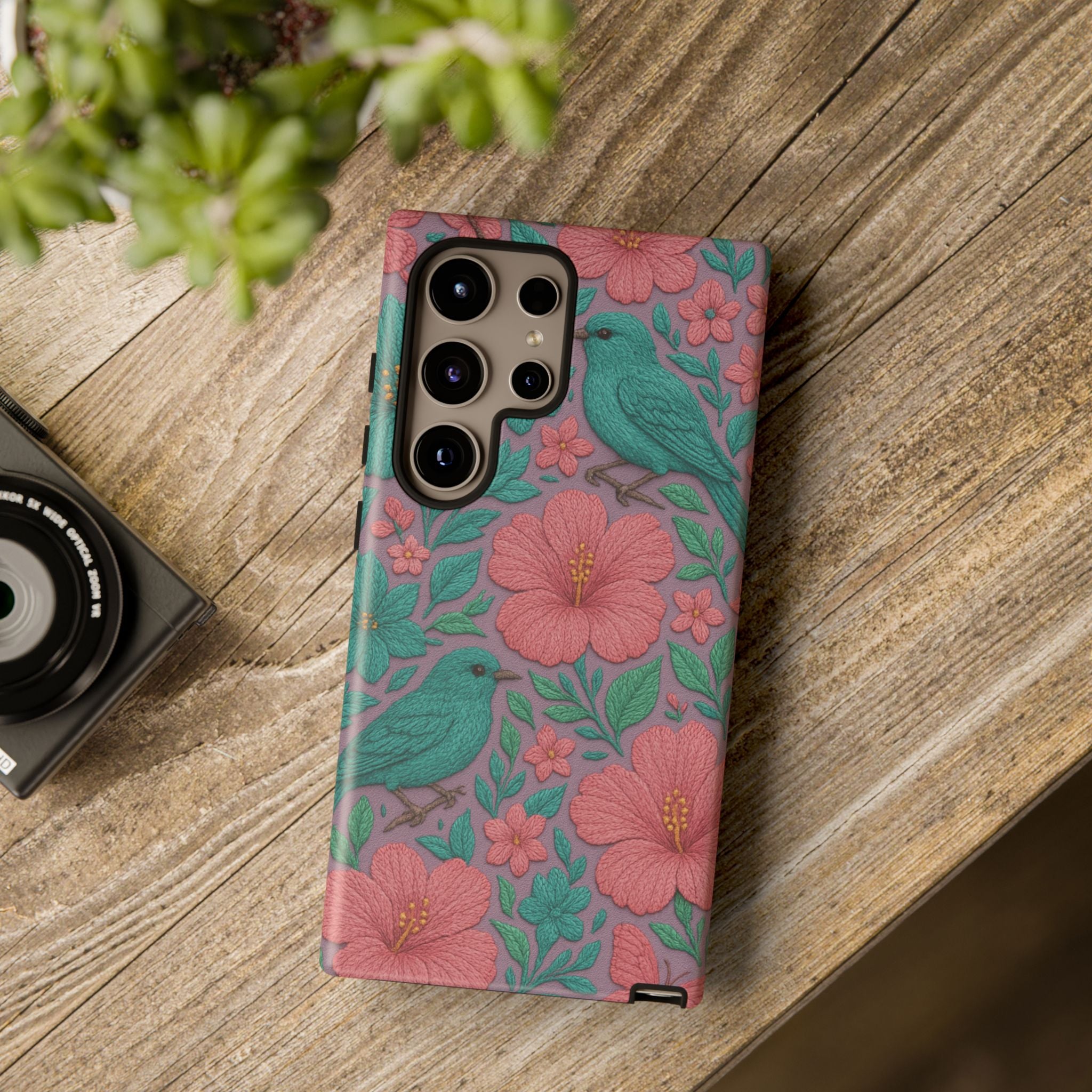Turquoise, Pink and Lavender 3D Embroidery Illusion Phone Case Tropical Flowers, Birds & Butterflies Cover with Bold, Realistic Floral Texture iPhone, Samsung
