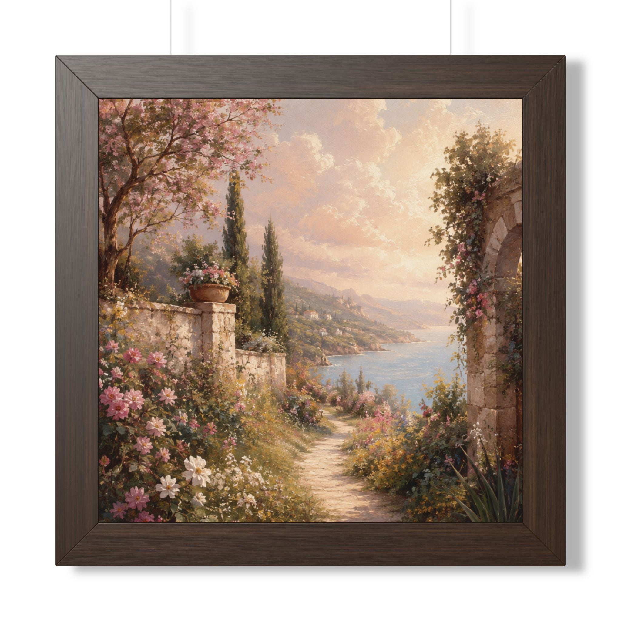 Mediterranean Garden Path Framed Vertical Poster | Coastal Landscape Wall Art