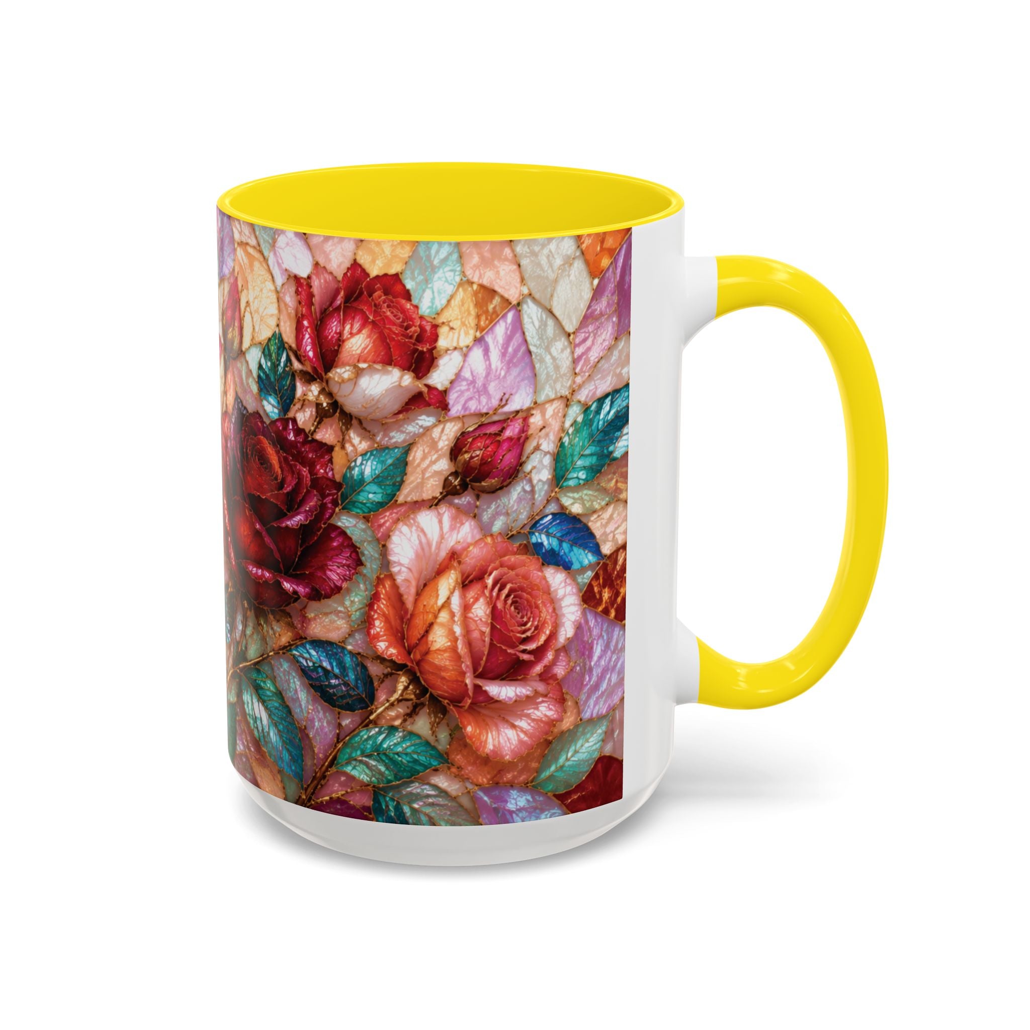 Floral Stained-Glass Accent Coffee Mug Colorful Rose Pattern (11/15 oz) Gift for Her