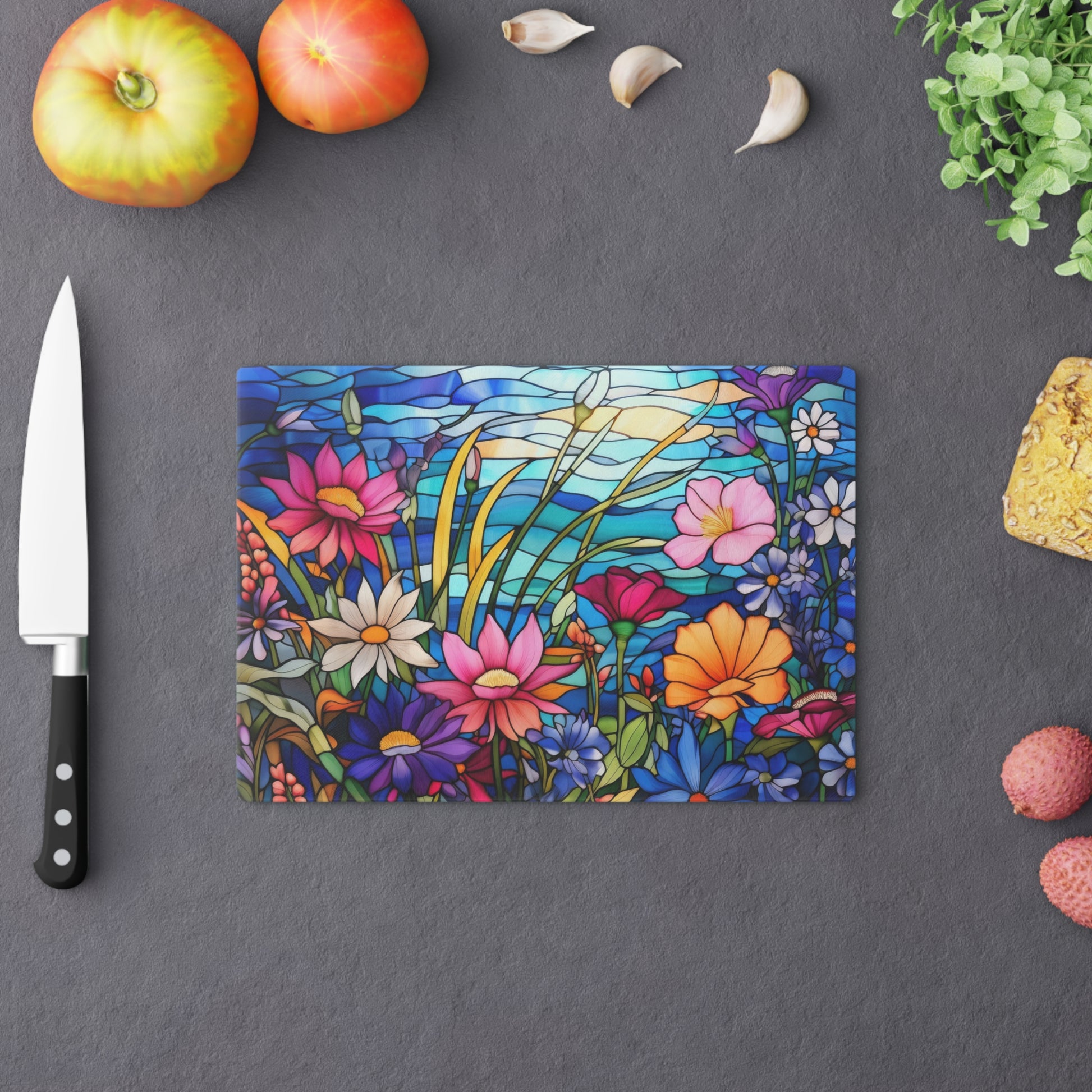 New House Tempered Glass Cutting Board Wildflowers Stain Glass Illusion Design Ultra-Durable Kitchen Accessory for Stylish Cooking Kitchen Decor Housewarming, New House Gift - MRSBYVALLE