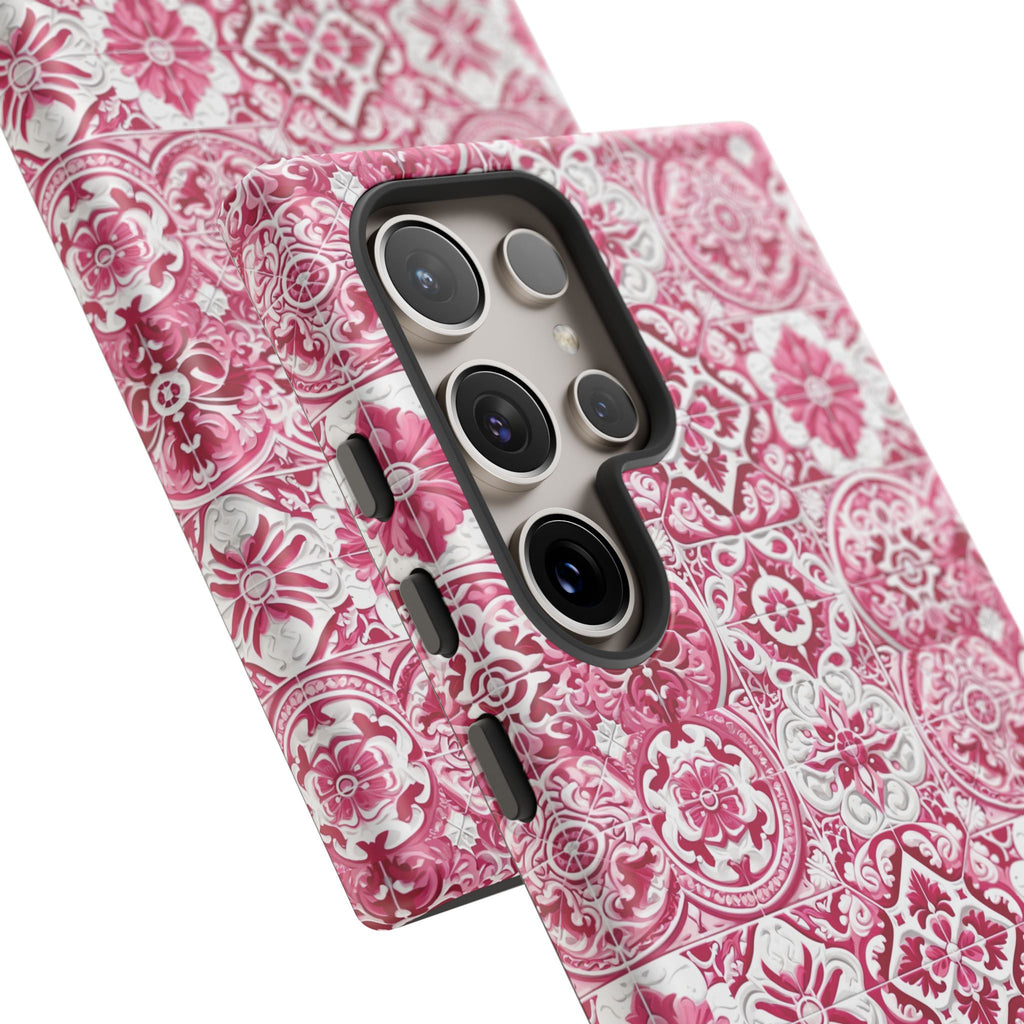 Pink and White Mediterranean Tile Design Phone Case - Stylish, Protective Cover for All Models Gift for Mom Accessory Gift for Her