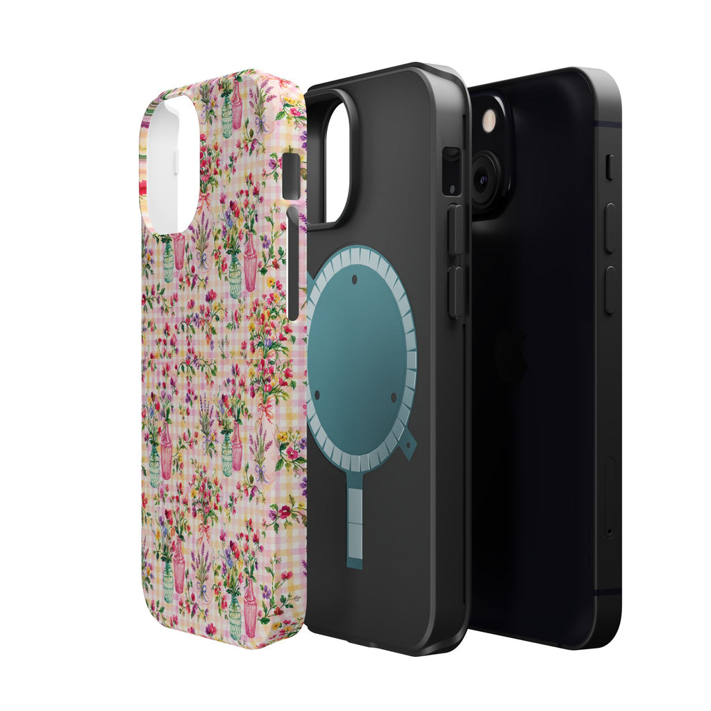 Turquoise & Pink Floral Checker Phone Case — Magnetic Impact-Resistant