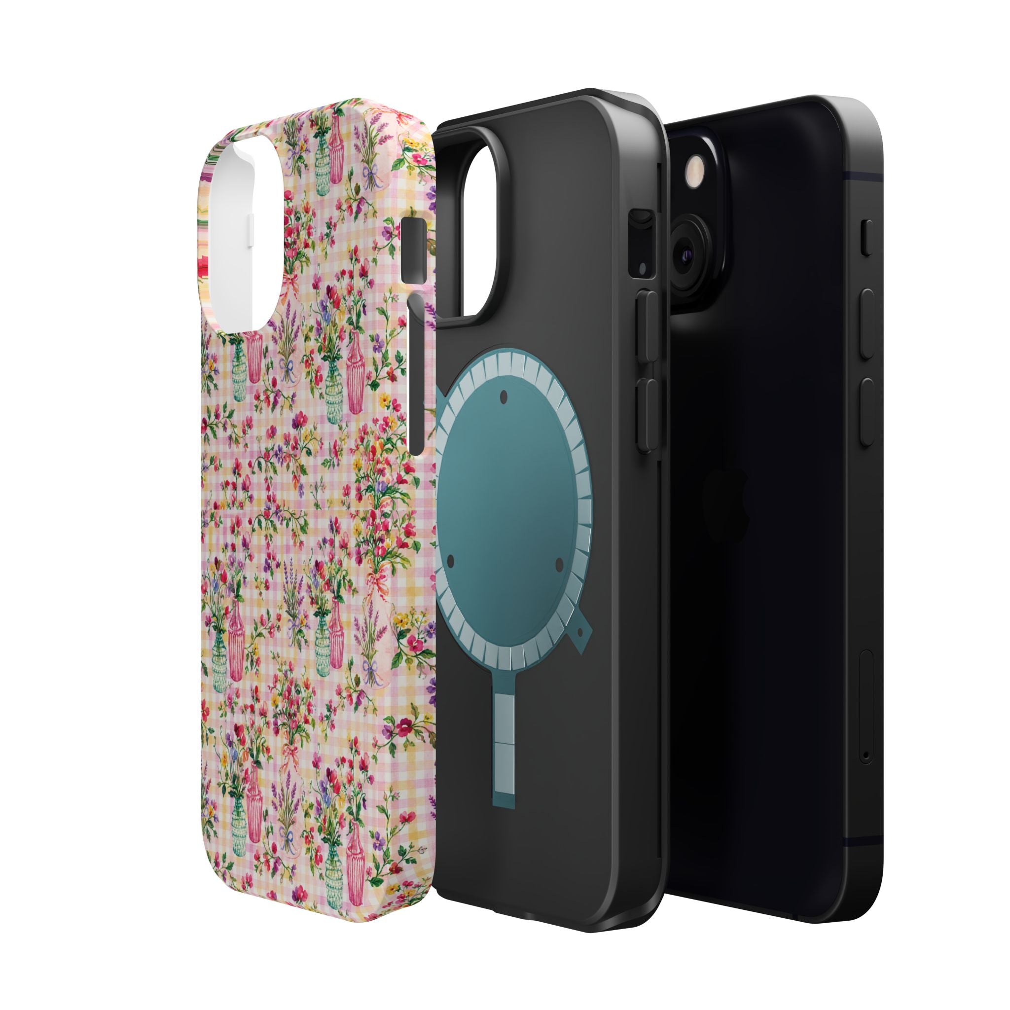 Turquoise & Pink Floral Checker Phone Case — Magnetic Impact-Resistant