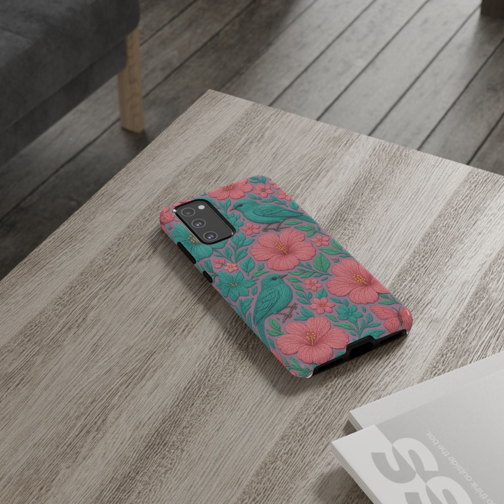 Turquoise, Pink and Lavender 3D Embroidery Illusion Phone Case Tropical Flowers, Birds & Butterflies Cover with Bold, Realistic Floral Texture iPhone, Samsung