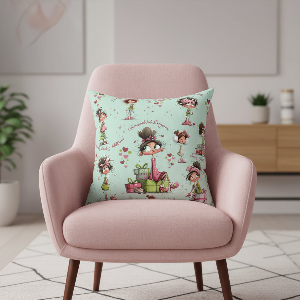 Decorative pillow with cartoon character design on a light blue background