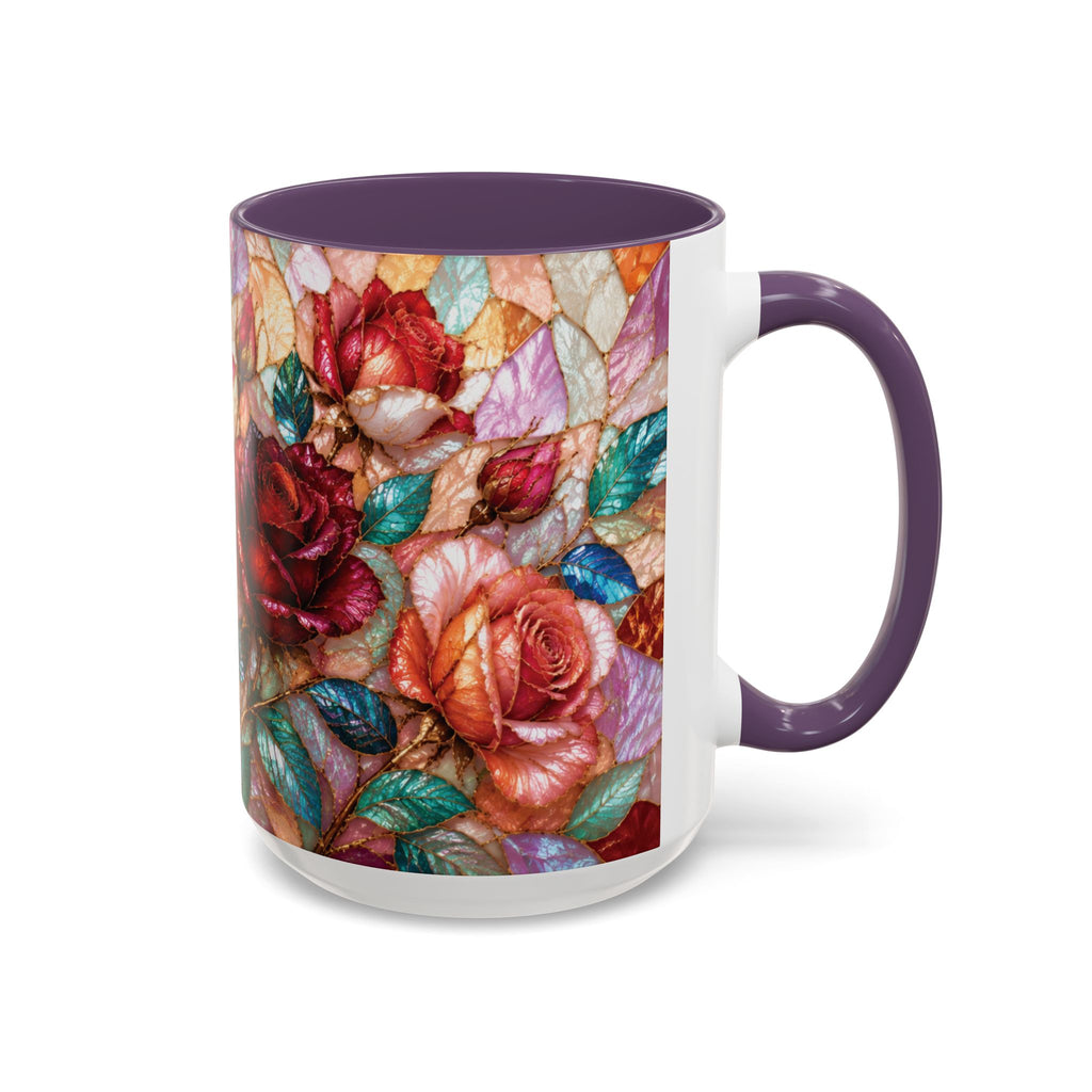 Floral Stained-Glass Accent Coffee Mug Colorful Rose Pattern (11/15 oz) Gift for Her