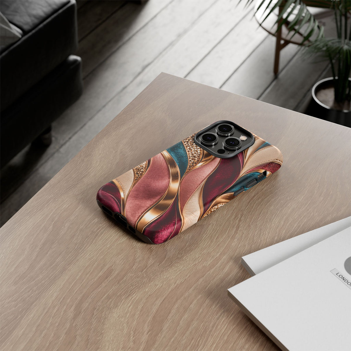 Lux Marble Waves Phone Case Metallic Burgundy, Teal Gold Protective Cover iPhone 18