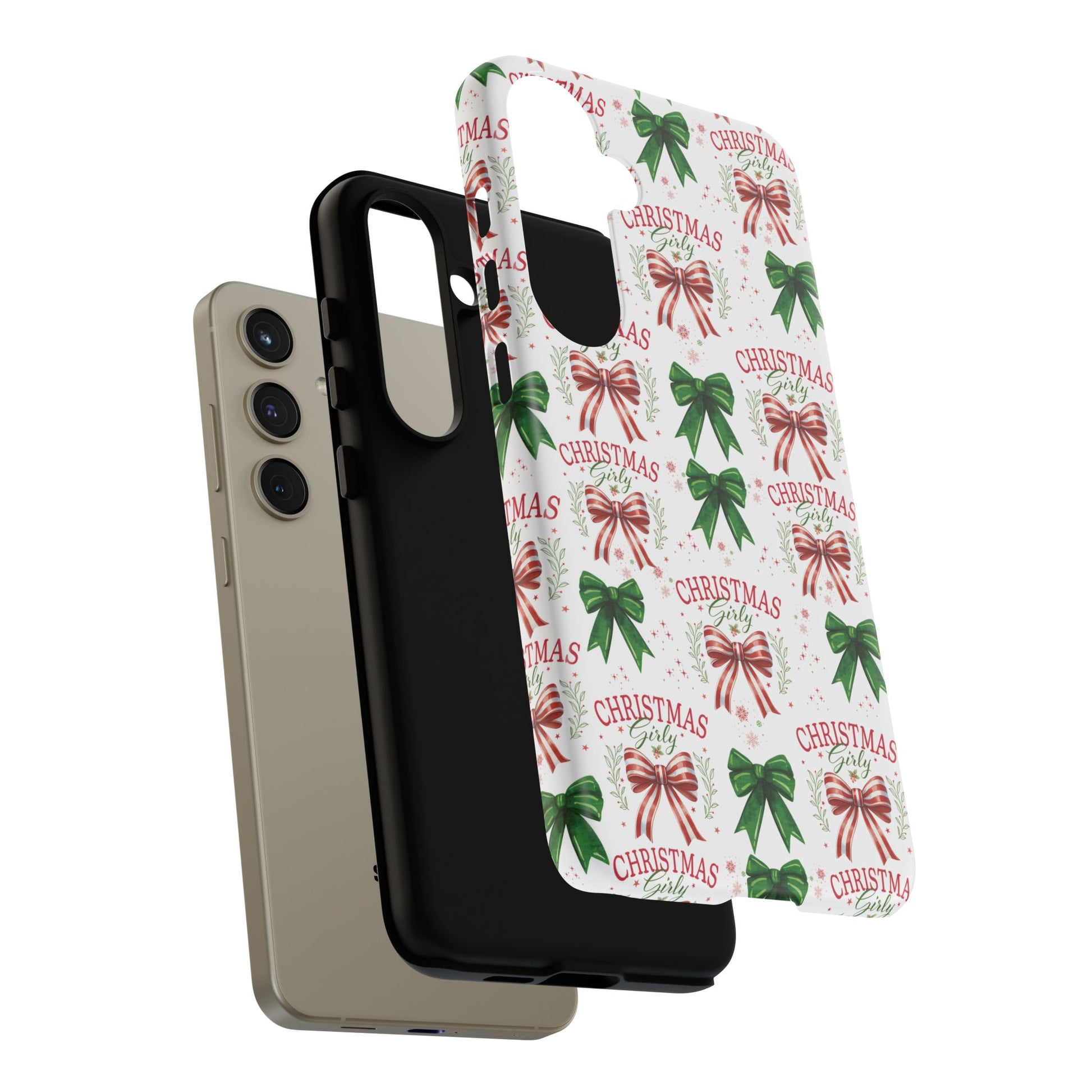 Girly Christmas Coquette Bows Pastel Phone Case for iPhone 17 16 15 23 Samsung, and Pixel | Stylish Protective Cover Gift for Her Perfect for Floral Lover
