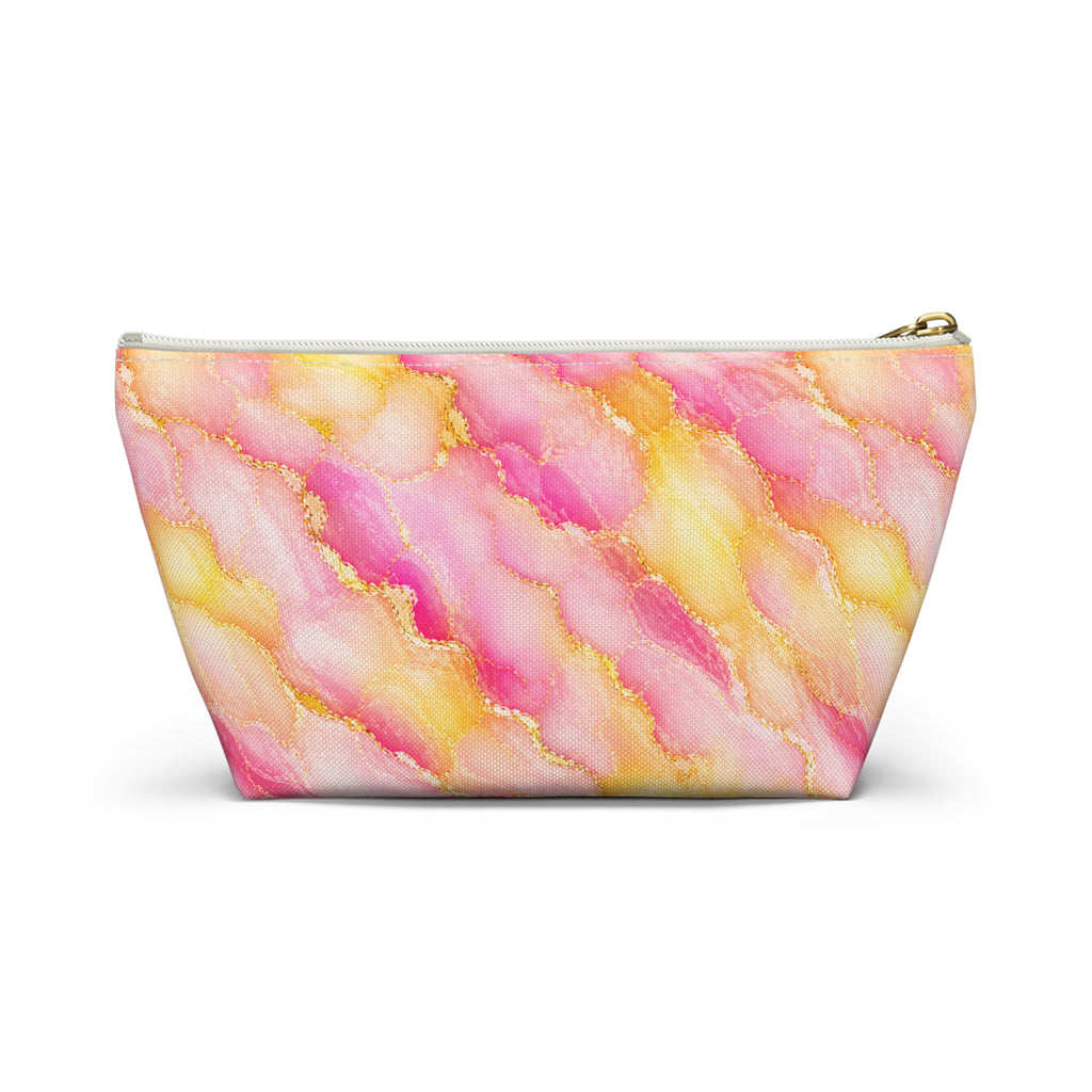 Trousse de Maquillage en Marbre Aquarelle Rose et Or – Sac à Accessoires à Fond Plat