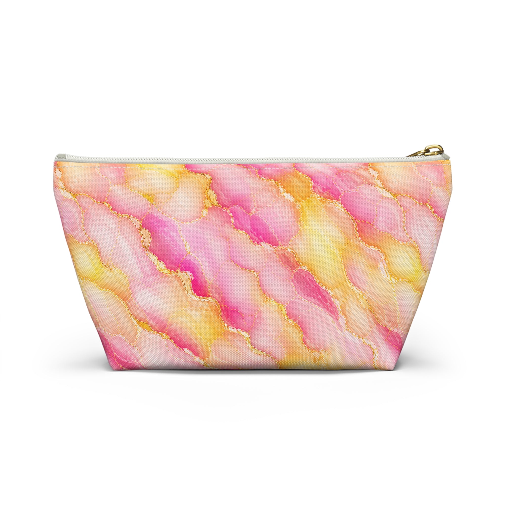 Trousse de Maquillage en Marbre Aquarelle Rose et Or – Sac à Accessoires à Fond Plat