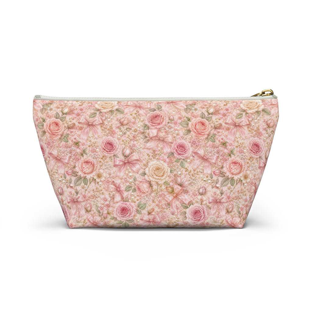 Trousse de Maquillage Nœud en Satin et Rose Poudré, Pochette Cosmétique Fleurie Coquette de Luxe, Organisateur de Voyage Élégant