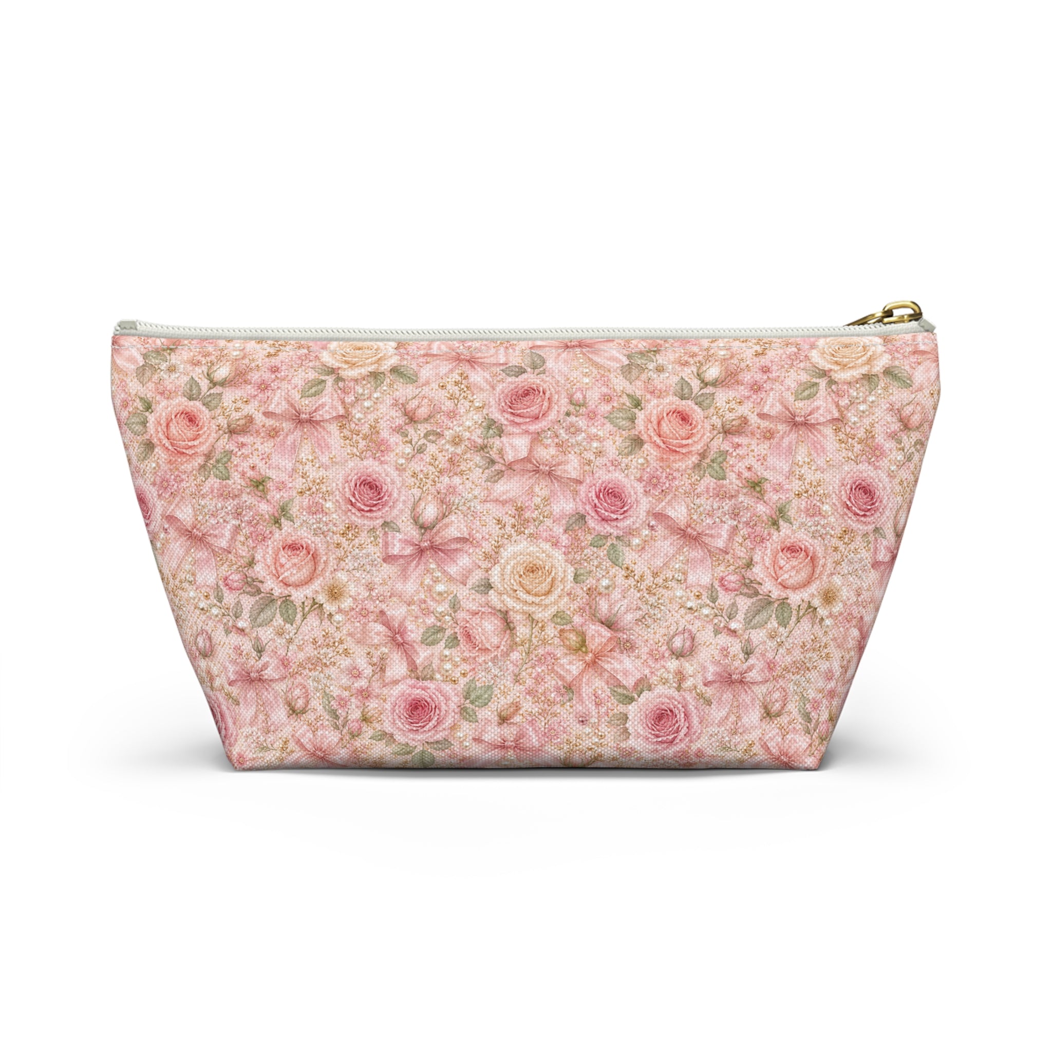 Trousse de Maquillage Nœud en Satin et Rose Poudré, Pochette Cosmétique Fleurie Coquette de Luxe, Organisateur de Voyage Élégant