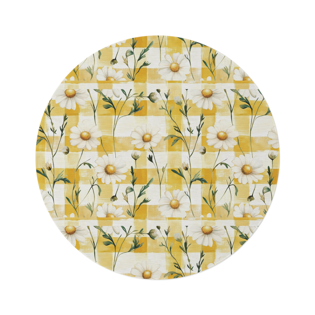 Pastel Yellow Daisy Checker Round Rug — Spring Floral Accent Mat