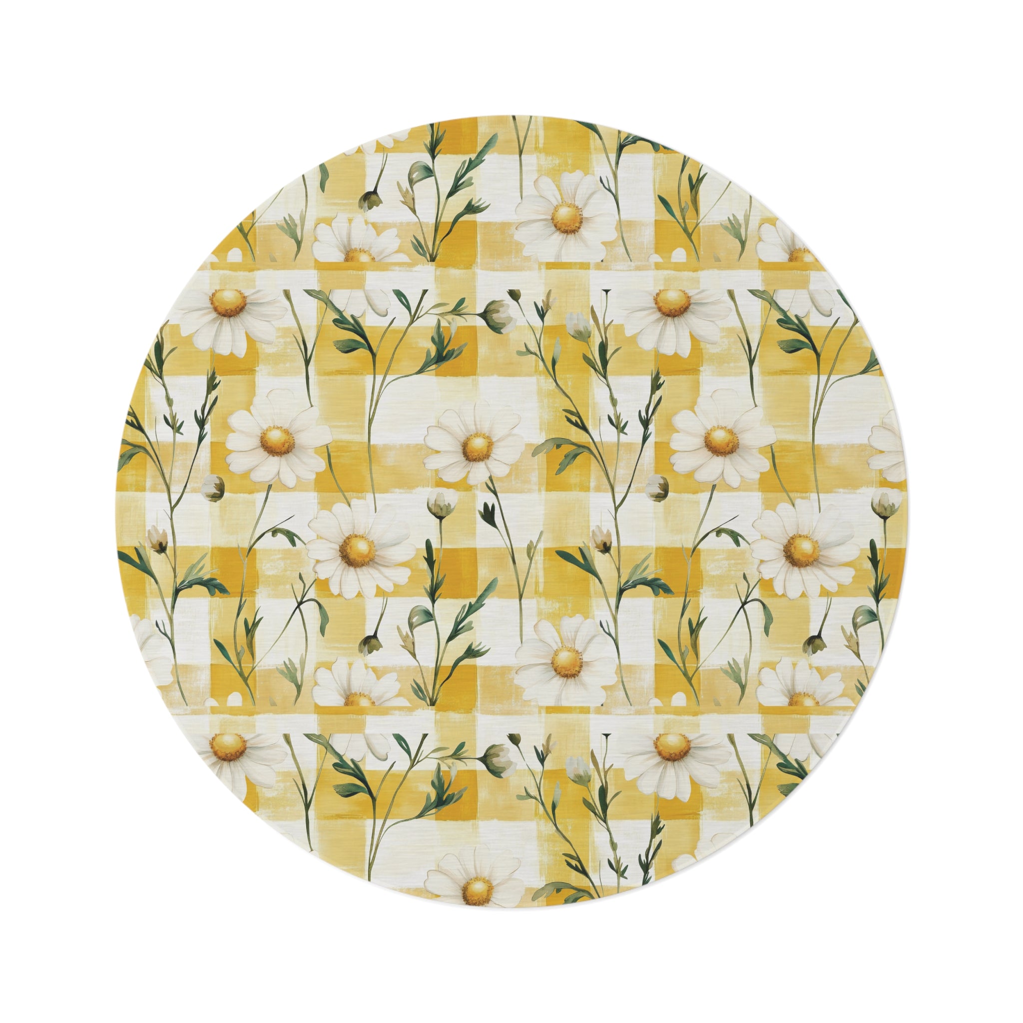 Pastel Yellow Daisy Checker Round Rug — Spring Floral Accent Mat